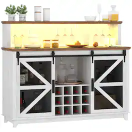 Homcom - Coffee Bar Cabinet with Lights, Farmhouse Wine Cabinet with Wine and Glass Racks for Kitchen - Distressed White