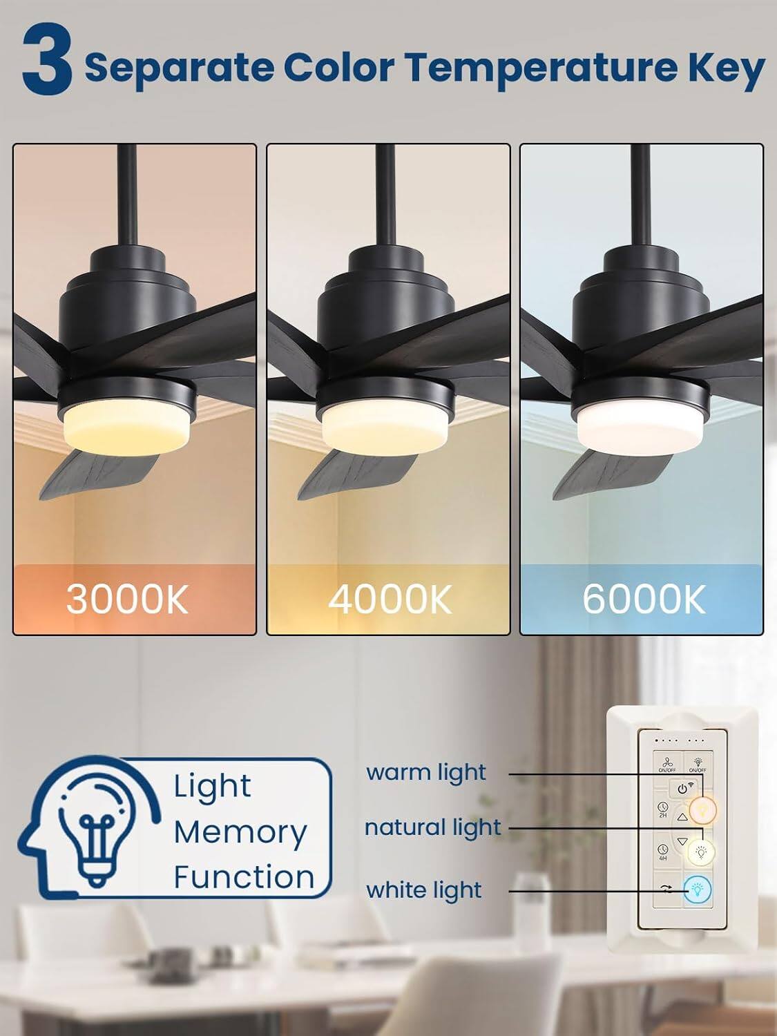 3 Separate Color Temperature Key  
3000K  
4000K  
6000K  

Light Memory Function  
warm light  
natural light  
white light