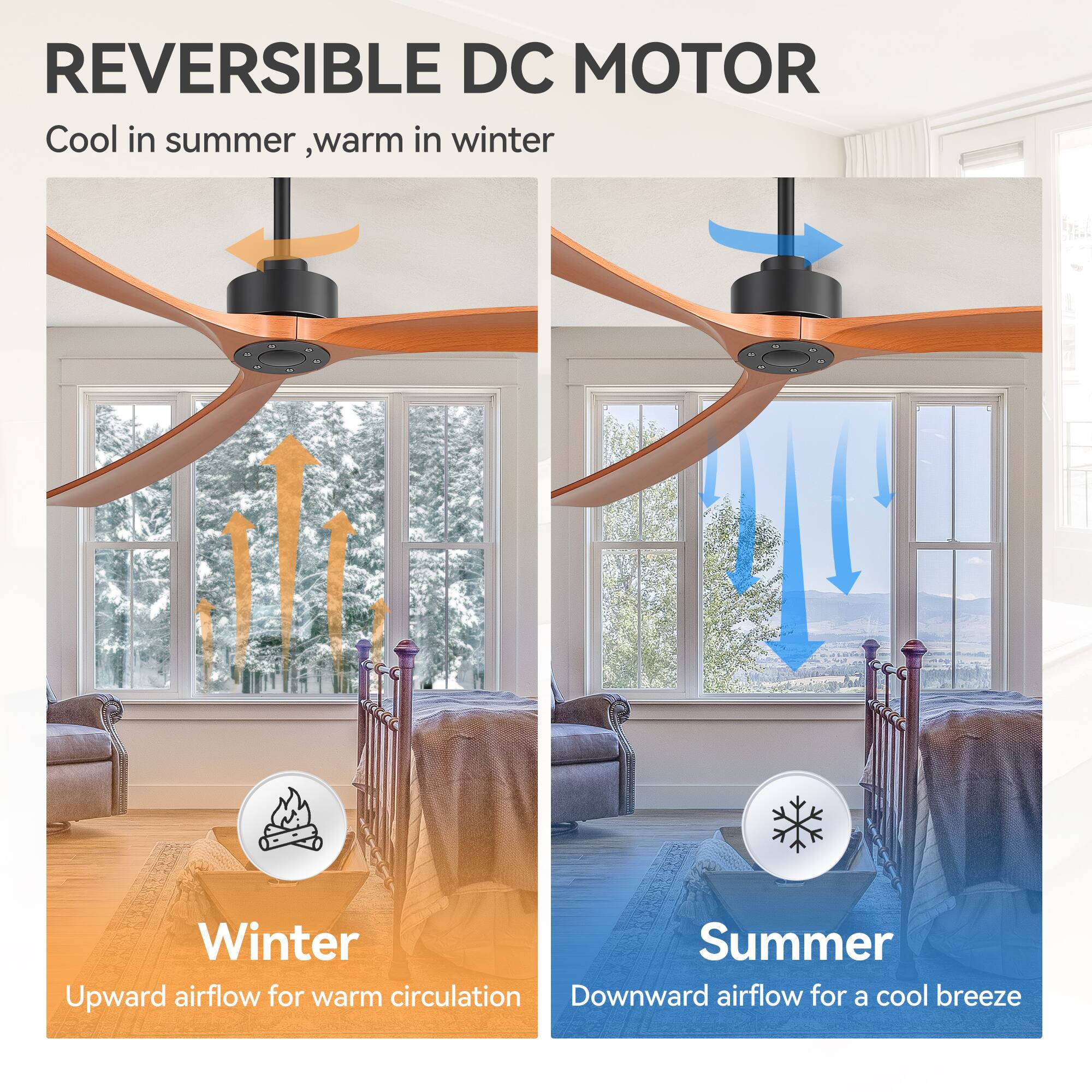 REVERSIBLE DC MOTOR  
Cool in summer, warm in winter  

Winter  
Upward airflow for warm circulation  

Summer  
Downward airflow for a cool breeze