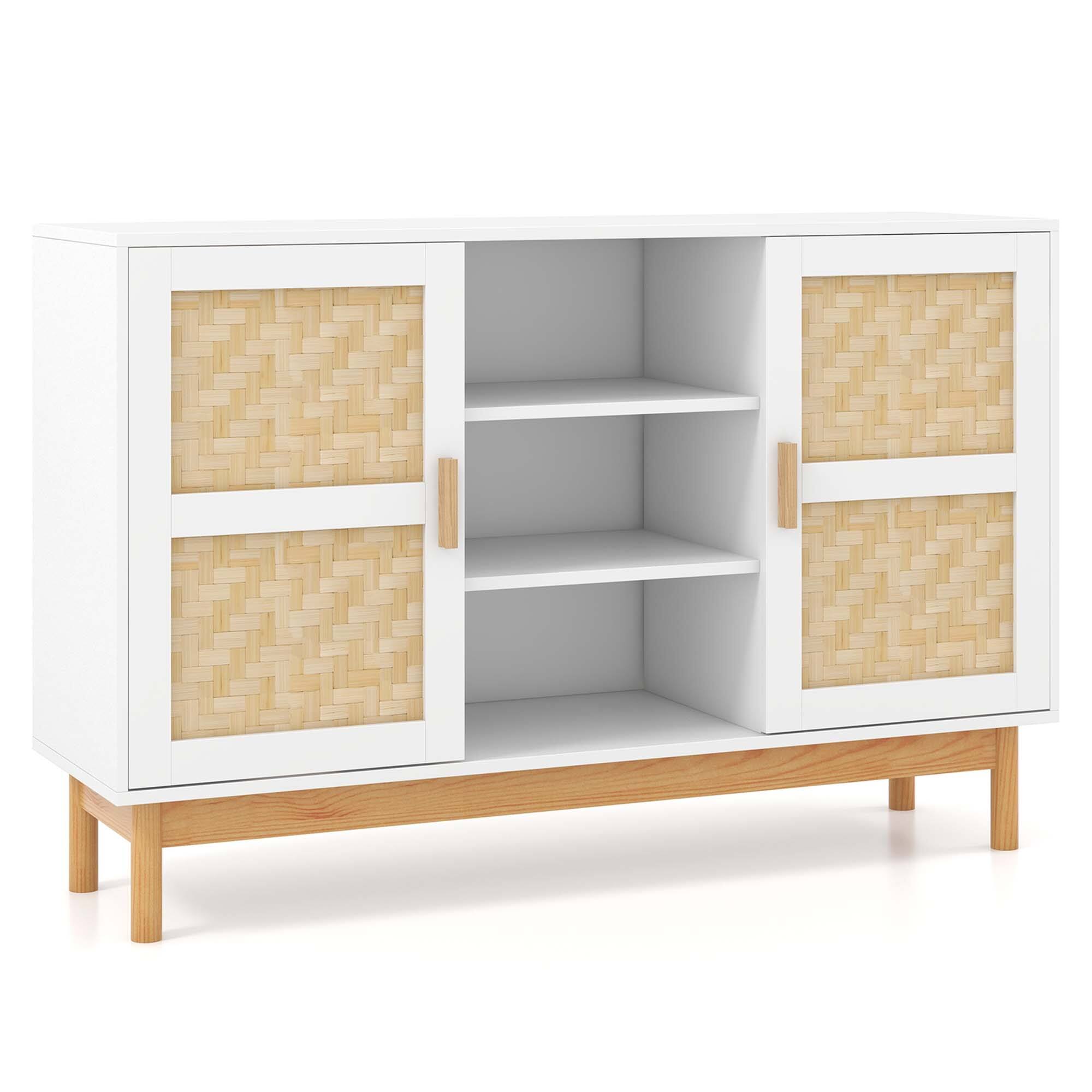 Alt View 1. Costway - 48" Sideboard Buffet Cabinet with 2 Bamboo Woven Doors 3 Open Shelves for Kitchen - White.