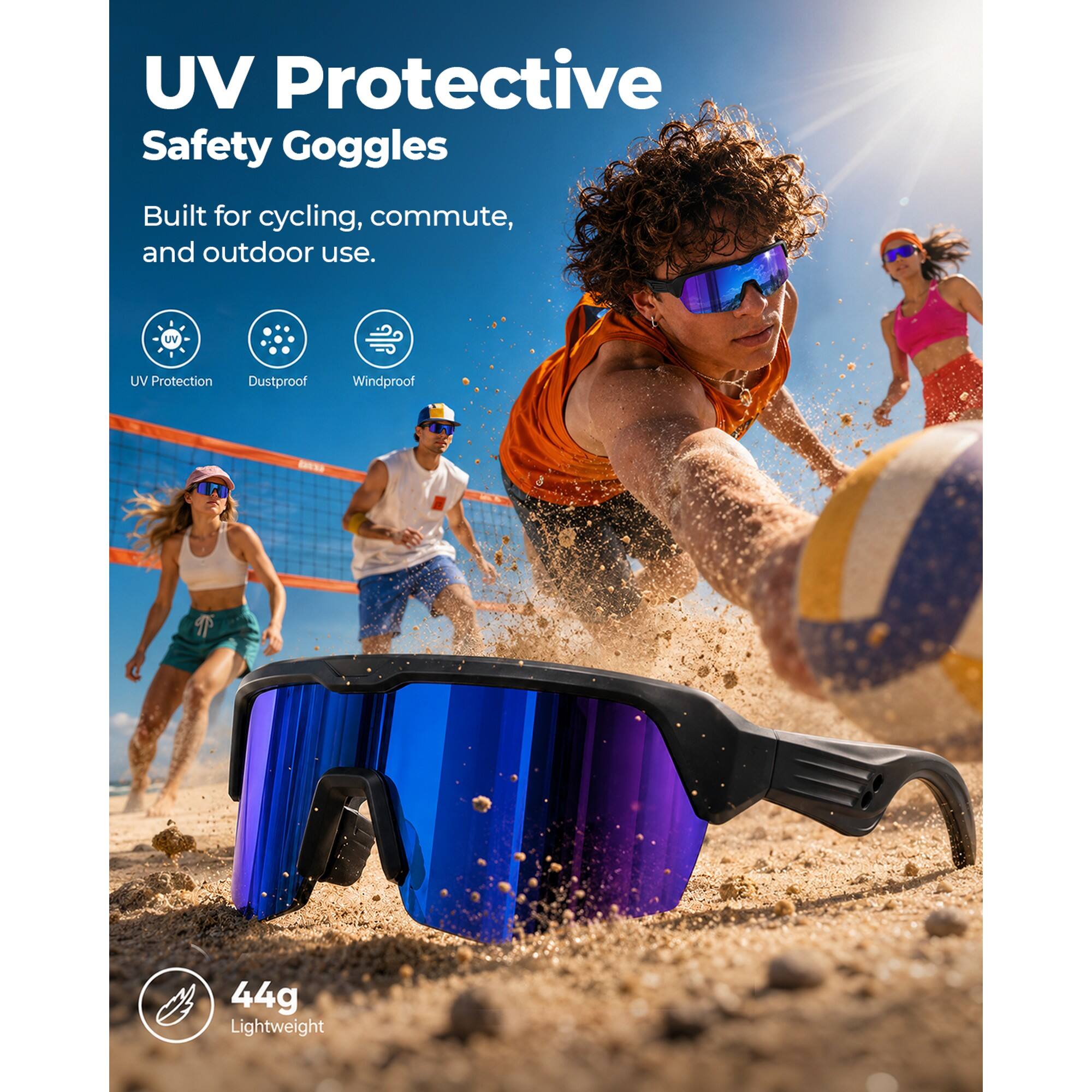 UV Protective Safety Goggles  
Built for cycling, commute, and outdoor use.  
UV Protection  
Dustproof  
Windproof  
44g Lightweight