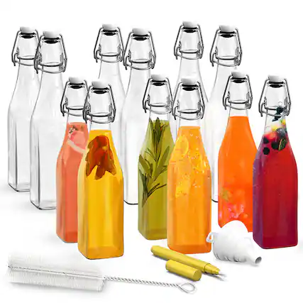 Front. Nevlers - 17 Oz. Square Swing Top Glass Bottles with Bottle Brush, Funnel and Marker (Set of 12) - Clear.