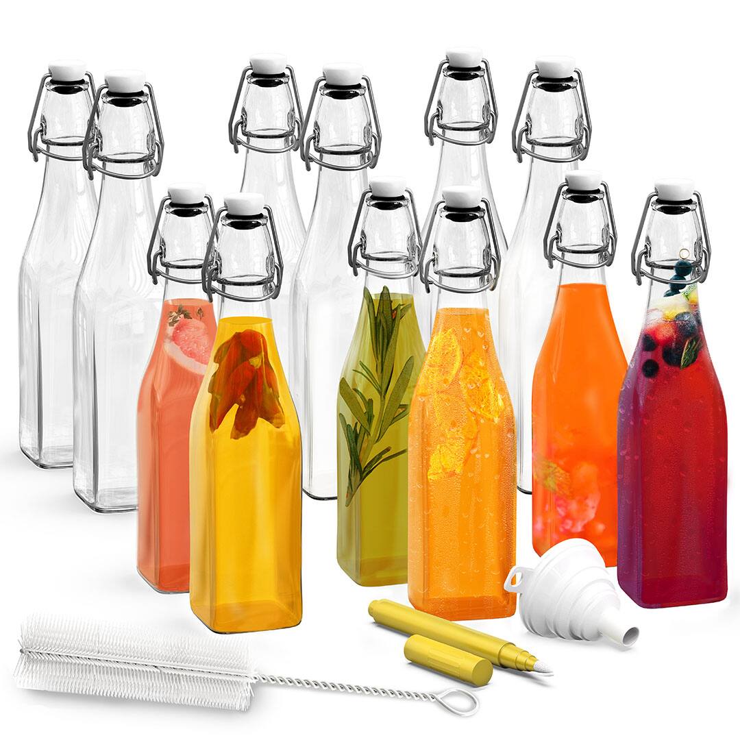 Front. Nevlers - 17 Oz. Square Swing Top Glass Bottles with Bottle Brush, Funnel and Marker (Set of 12) - Clear.