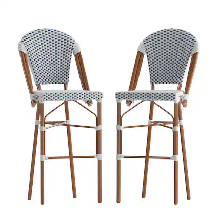 Front. Emma + Oliver - Colmar Set of Two Indoor/Outdoor 30" High Stacking Bistro Counter Stools with Patterned Seat and Back and Metal Frames - White & Navy/Natural Frame.
