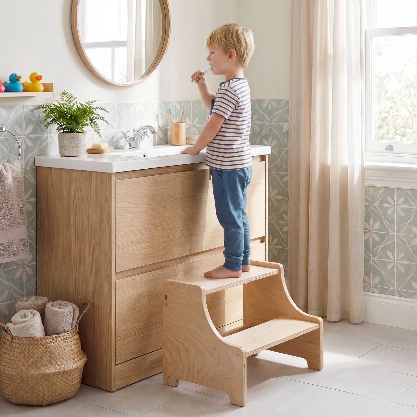 Alt View 4. Gymax - Gymax Foldable Toddler Step Stool Wooden Kitchen Standing Tower w/ 2-Setp Stool - Yellow.