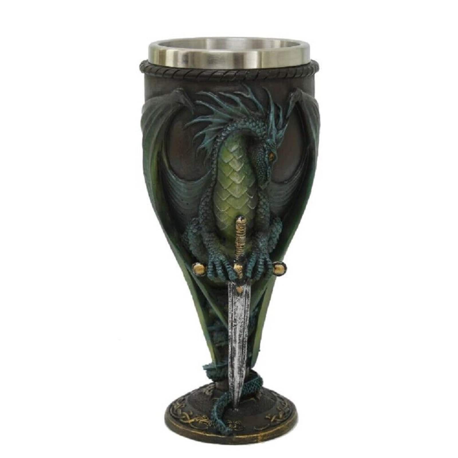 Pacific Trading - Ruth Thompson Dragon's Lair Skull Blade Drake Wine Goblet Chalice Cup Resin Body Stainless Steel Cup 8 ounce - Green