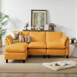 Electra Tech Xpress - Modern L-Shaped Chenille Upholstered Sectional Couch for Living Room, 3 Seater Cloud Sofa with Ottoman - Orange