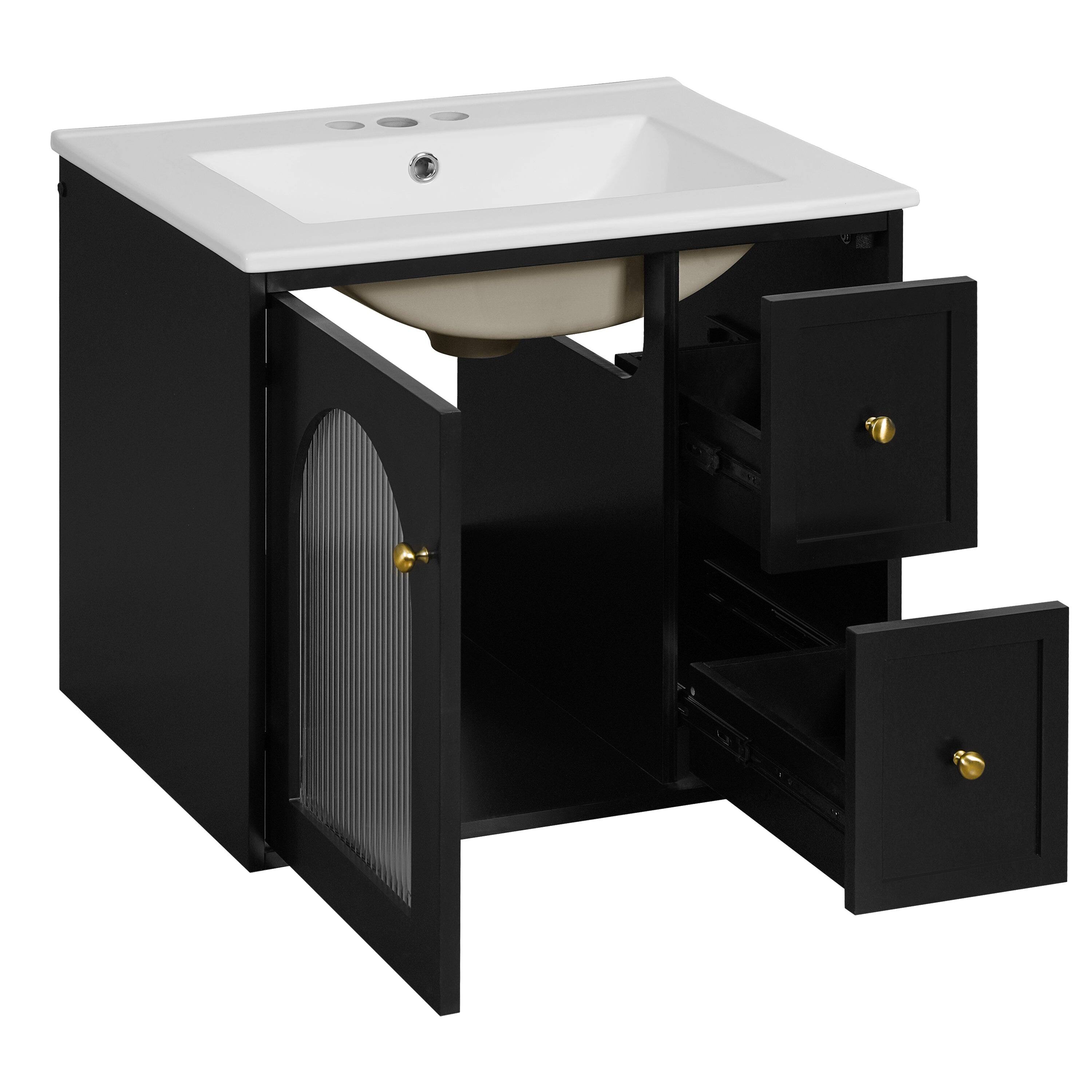 Alt View 9. Boyel Living - 24 Inch Wall Mounted Bathroom Vanity with Ceramic Sink Two Drawers One Door Black - Black.
