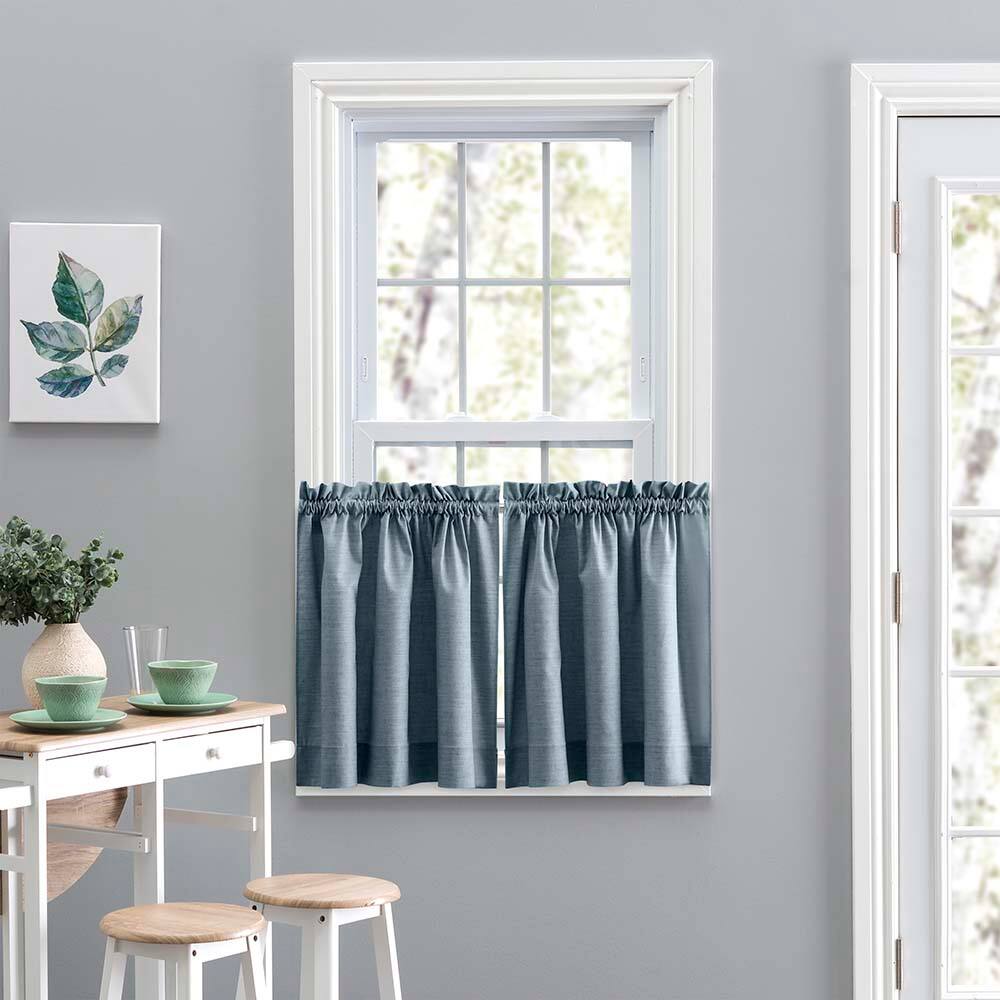 Front. Ellis Curtain - Ellis Lisa Solid Color Premium Poly Cotton Duck Fabric Tailored Tiers 56"x24" Dusty Blue - 56"x24" - Dusty blue.