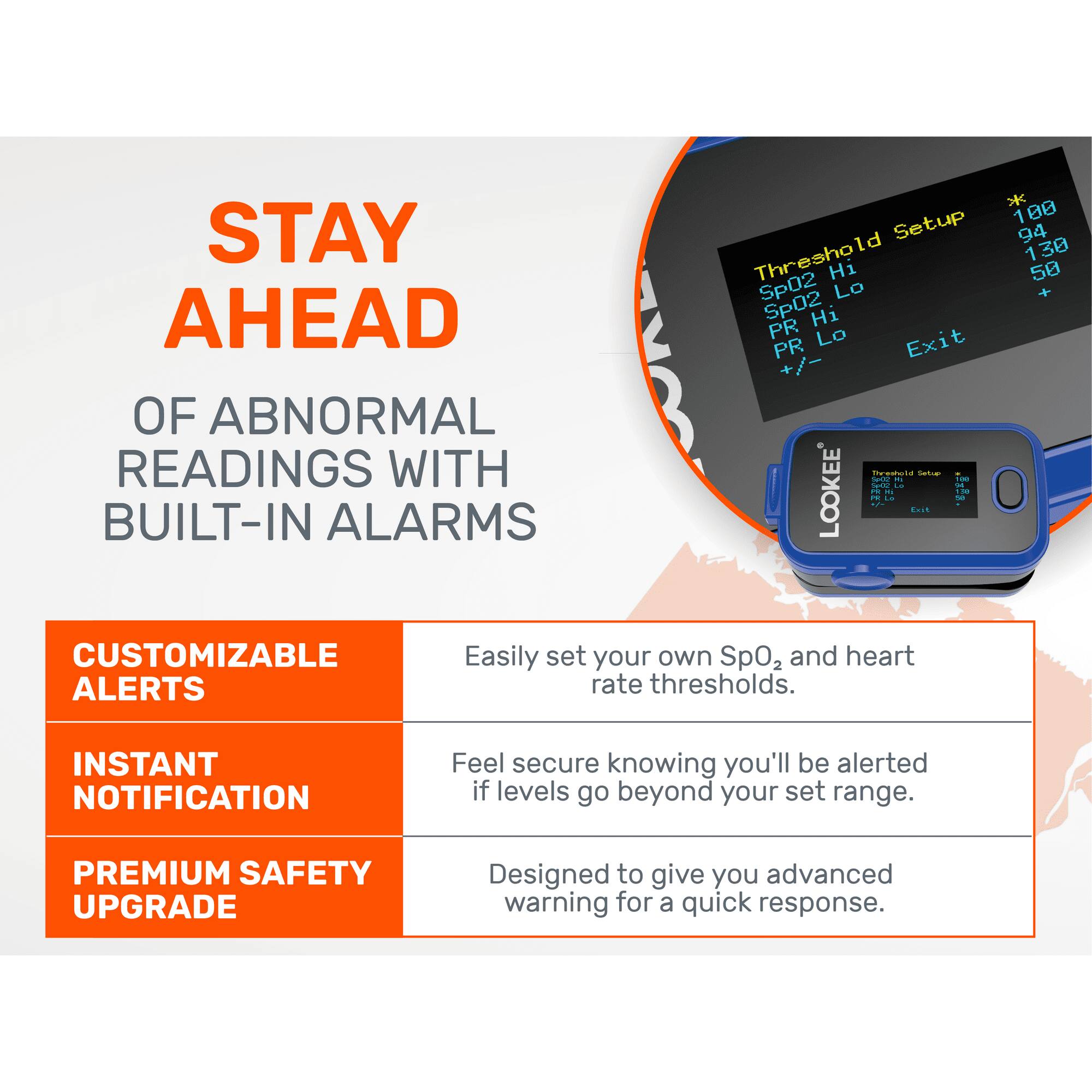 STAY AHEAD OF ABNORMAL READINGS WITH BUILT-IN ALARMS

CUSTOMIZABLE ALERTS  
Easily set your own SpO2 and heart rate thresholds.

INSTANT NOTIFICATION  
Feel secure knowing you'll be alerted if levels go beyond your set range.

PREMIUM SAFETY UPGRADE  
Designed to give you advanced warning for a quick response.