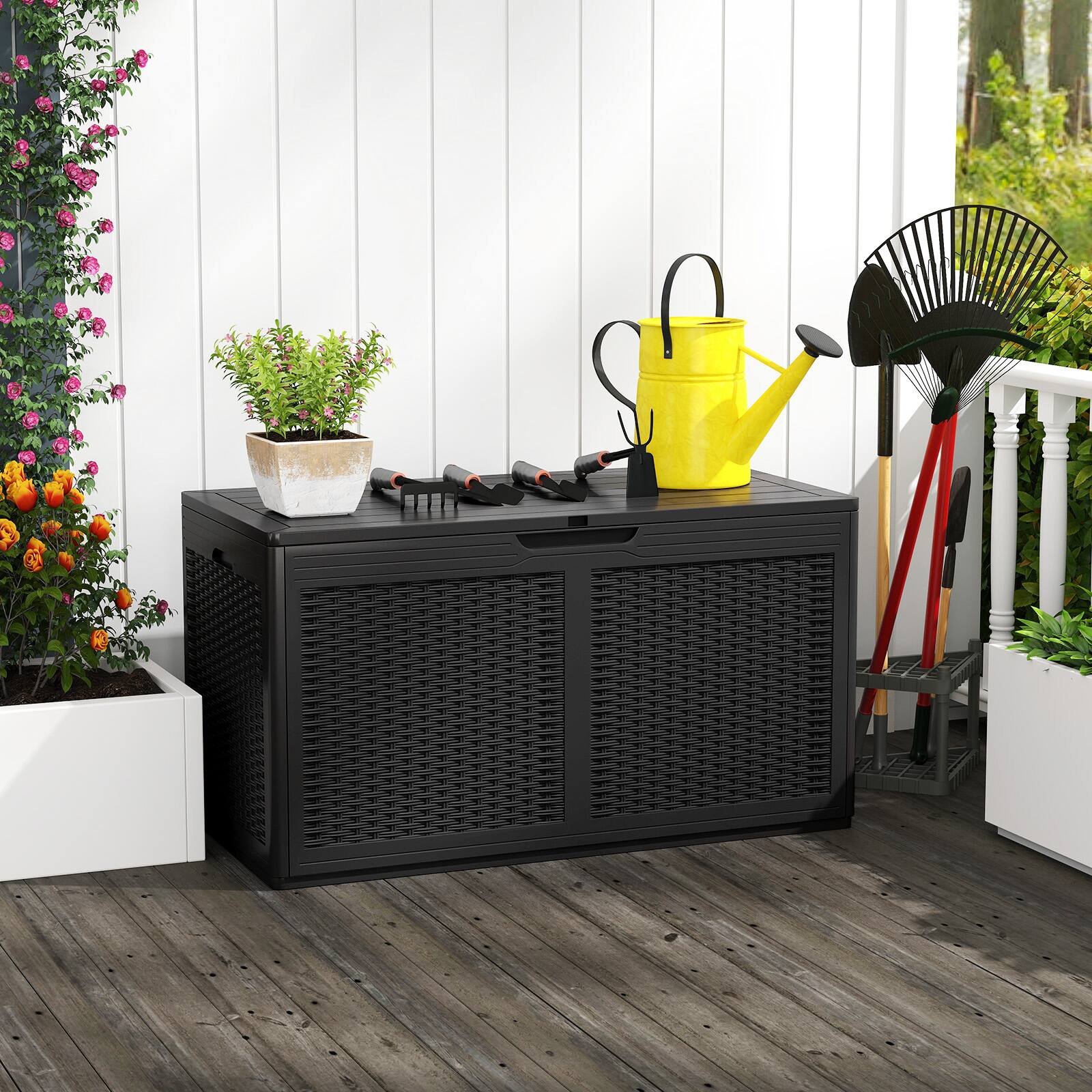Alt View 9. Costway - Costway 100 Gal Outdoor Storage Box Lockable Patio Bin & Bench for Gardening Tools - Black.