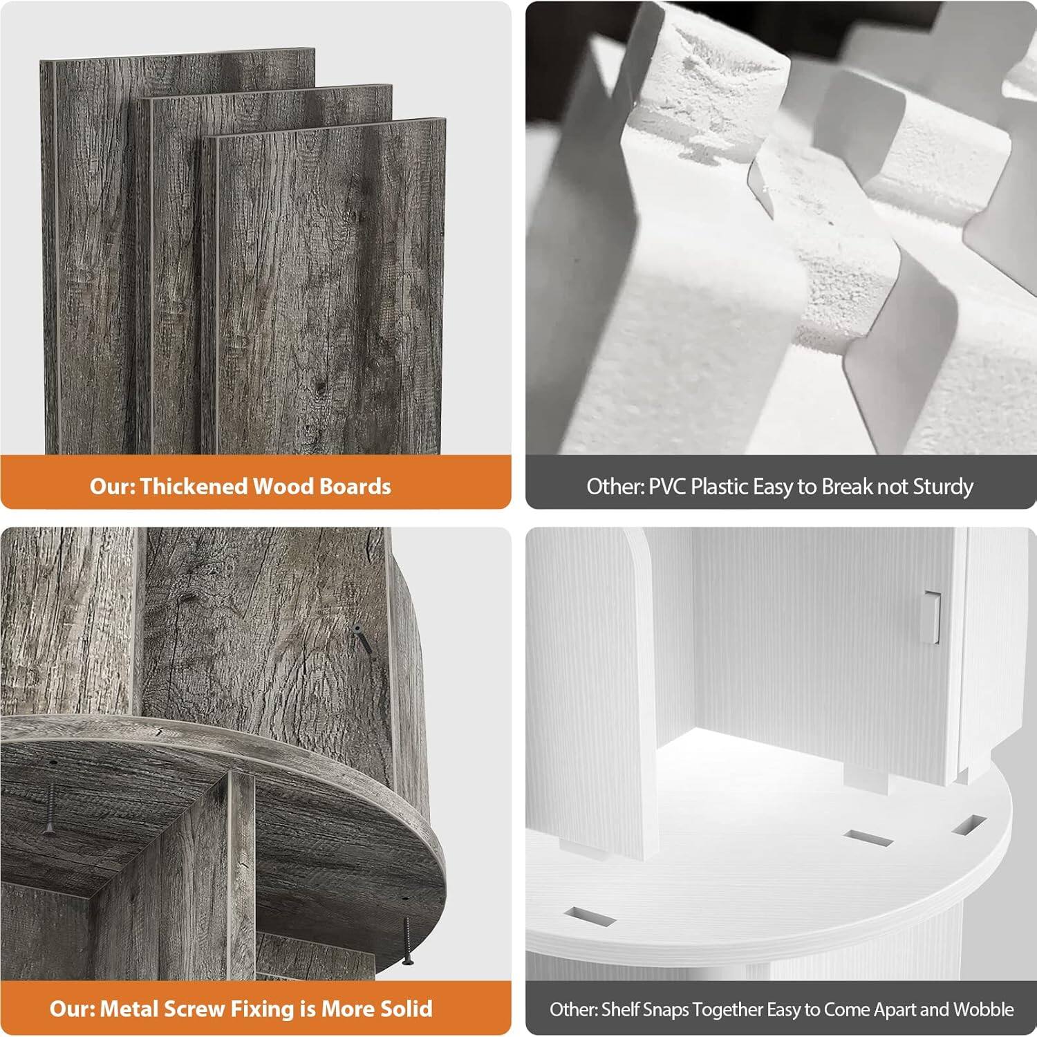 Our: Thickened Wood Boards  
Other: PVC Plastic Easy to Break not Sturdy  

Our: Metal Screw Fixing is More Solid  
Other: Shelf Snaps Together Easy to Come Apart and Wobble