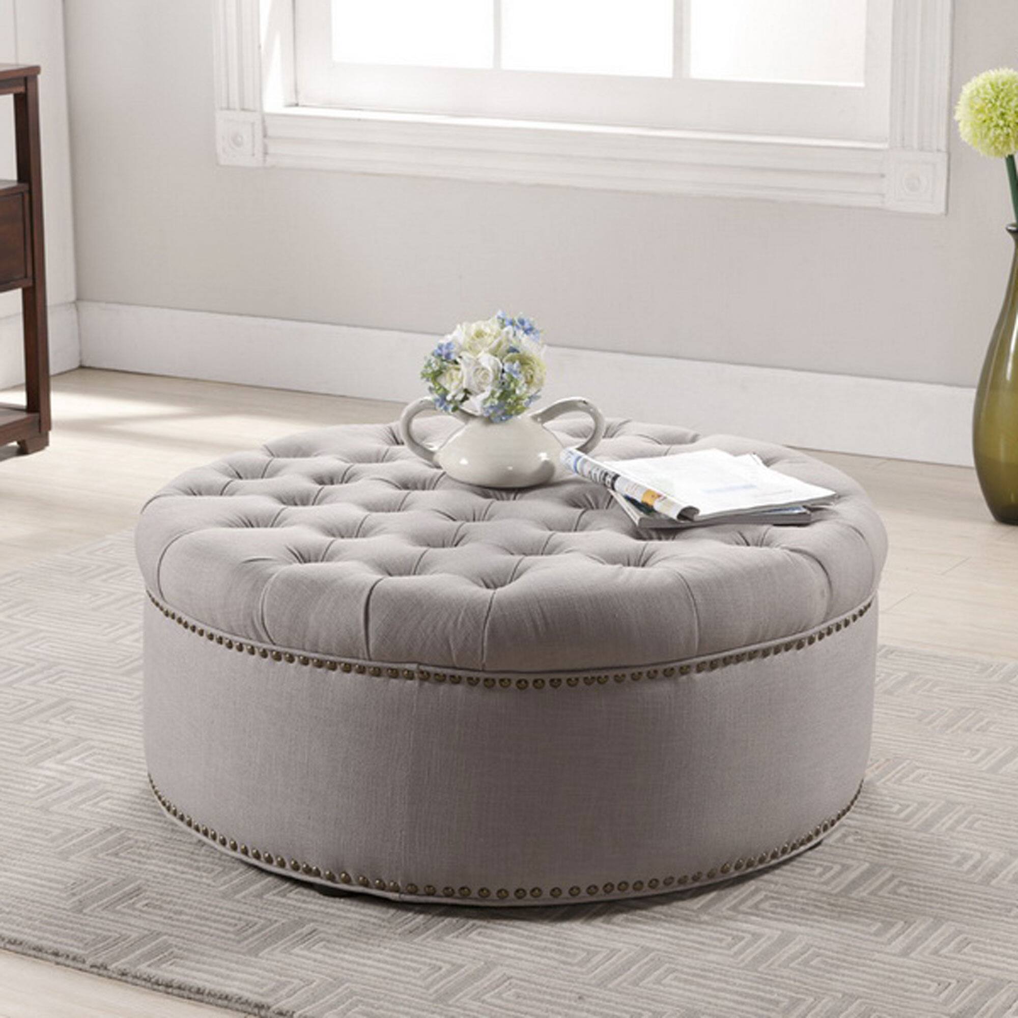 Angle. Baxton Studio - Iglehart Linen Modern Tufted Ottoman - Beige.