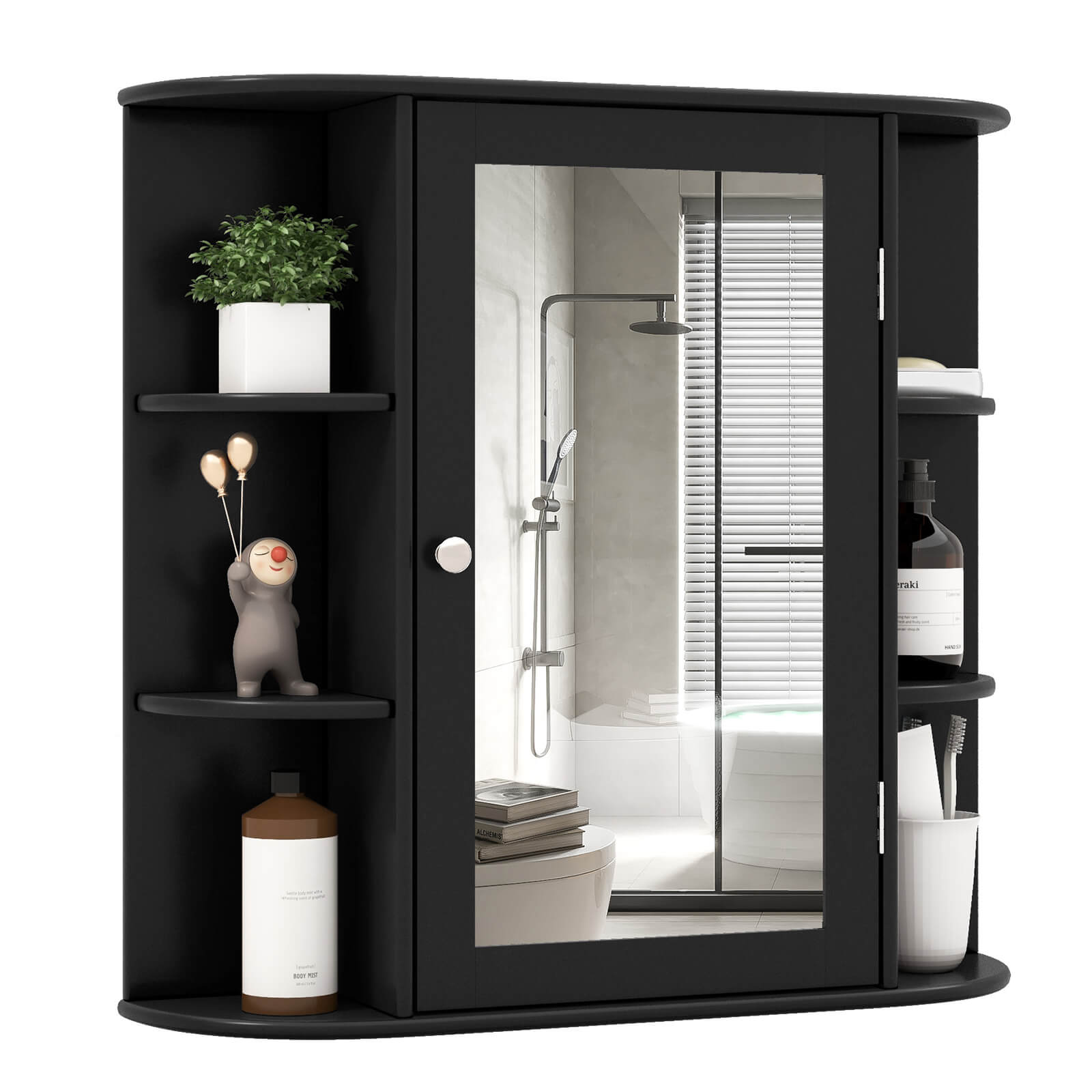 Costway - Multipurpose Mount Wall Surface Bathroom Storage Cabinet Mirror - Black