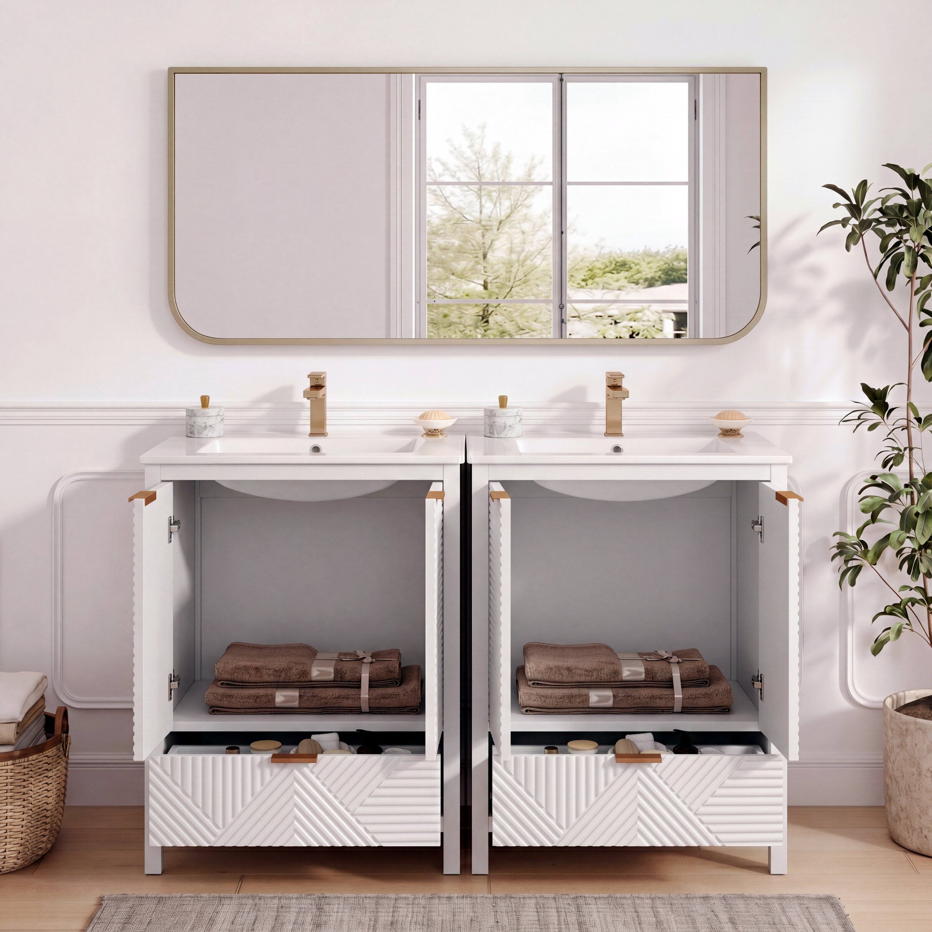 Alt View 1. Loheer - 4.04 ft Bathroom Vanity Set with Double Ceramic Sinks, Soft Close Doors and Drawer for Bath - White.