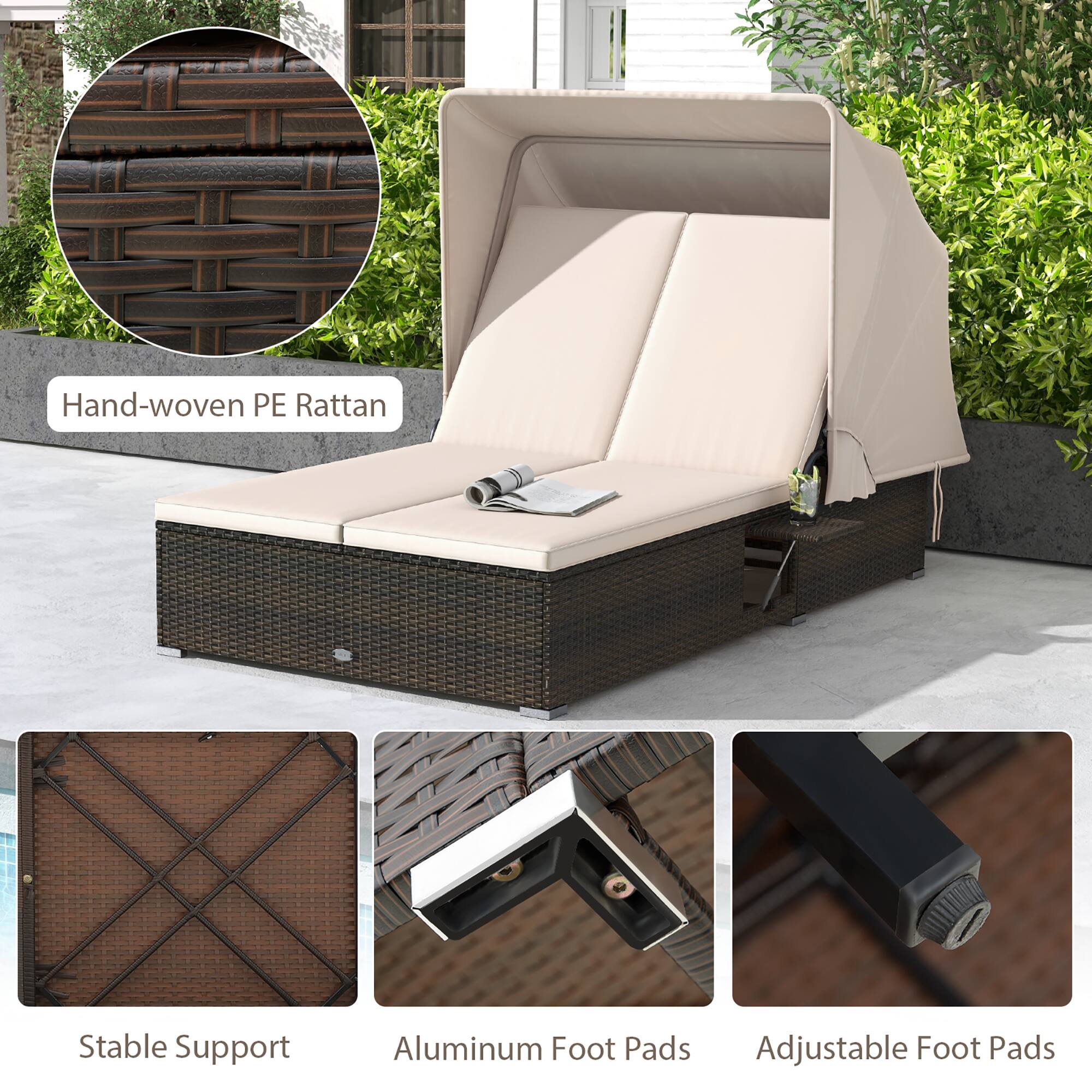 Hand-woven PE Rattan  
Stable Support  
Aluminum Foot Pads  
Adjustable Foot Pads