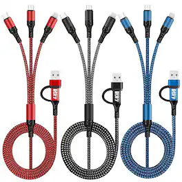 PARKER SLATER - 6 in 1 multi charging cable, 4ft USB A/C to USB-C, Micro USB, i-P connector for phones, tablets, and more. - Red/Black/Blue