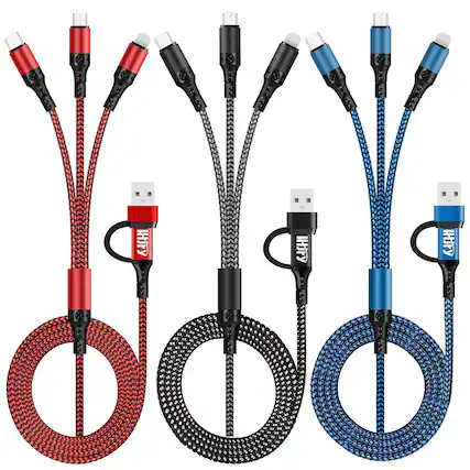 Front. PARKER SLATER - 6 in 1 multi charging cable, 4ft USB A/C to USB-C, Micro USB, i-P connector for phones, tablets, and more. - Red/Black/Blue.