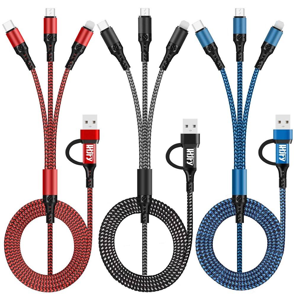 Front. PARKER SLATER - 6 in 1 multi charging cable, 4ft USB A/C to USB-C, Micro USB, i-P connector for phones, tablets, and more. - Red/Black/Blue.