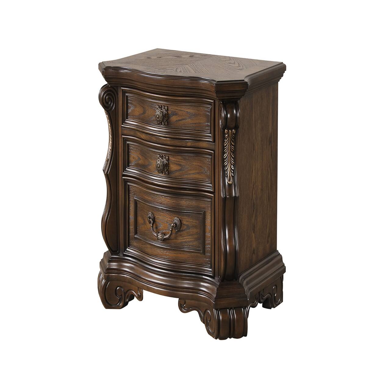 Left. Loheer - Loheer Traditional Bedroom Nightstand, Dark Brown Three-Drawer Wood Table with USB Ports - Dark Brown.