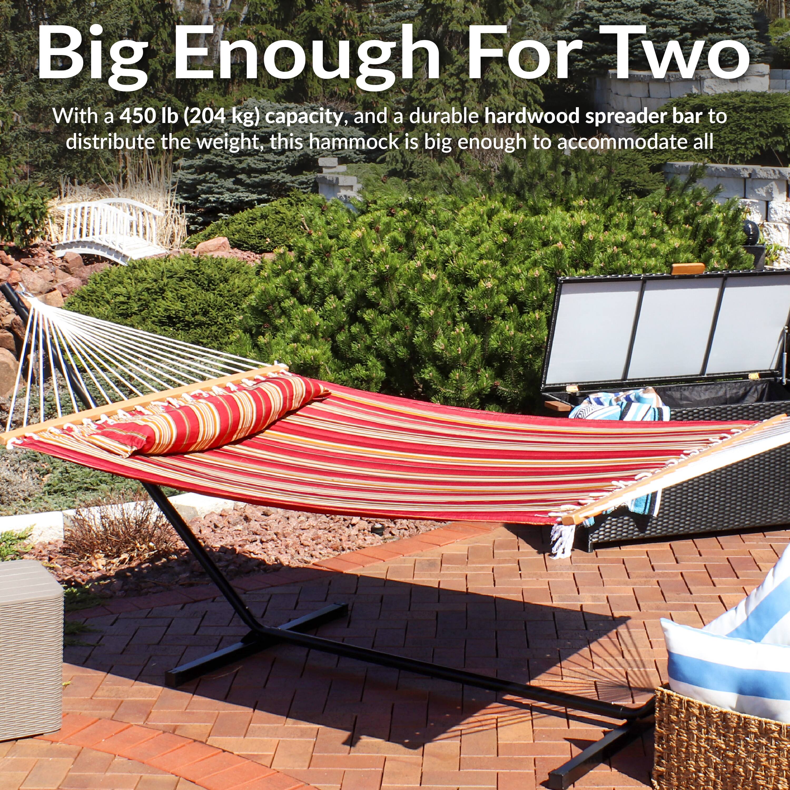 Big Enough For Two

With a 450 lb (204 kg) capacity, and a durable hardwood spreader bar to distribute the weight, this hammock is big enough to accommodate all.