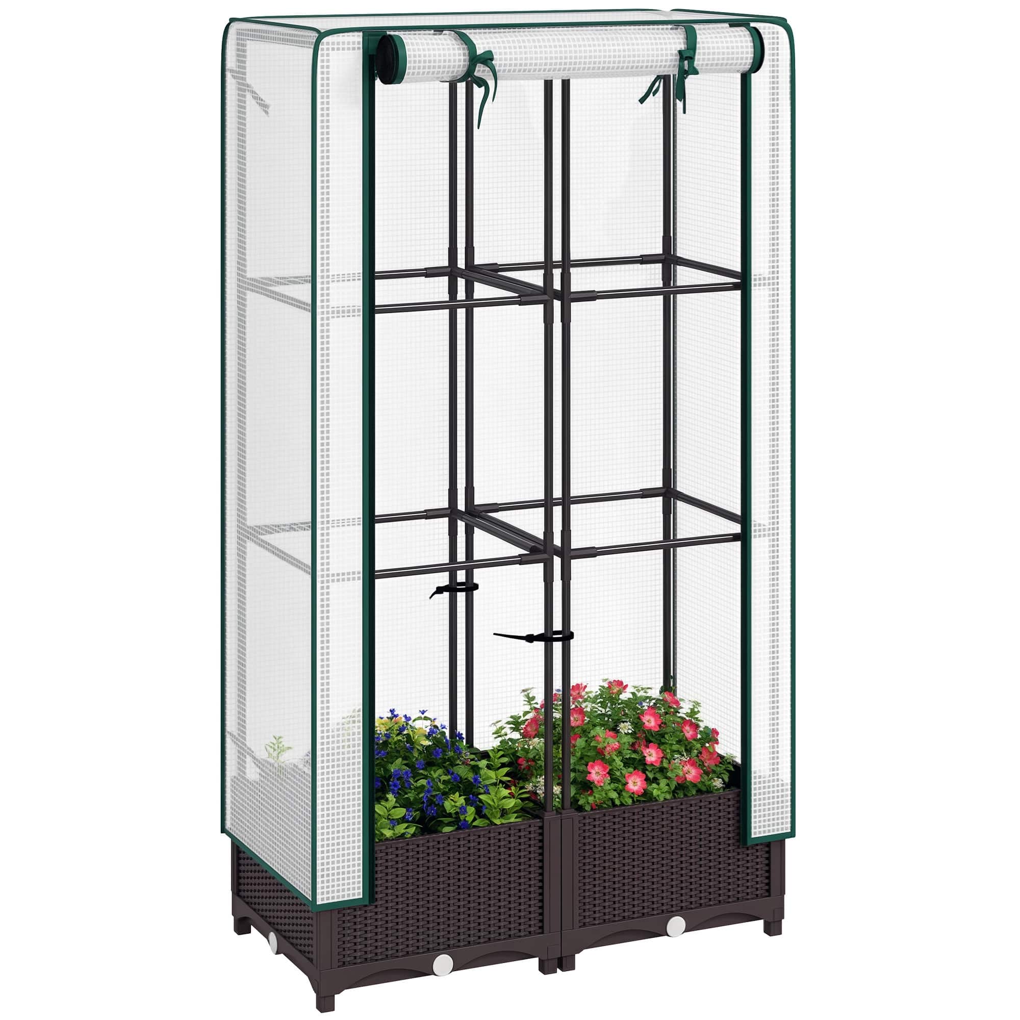 Outsunny - Bed with Trellis, Outdoor Plant Box with PE Cover, Drainage Holes and Zipper Door - Brown