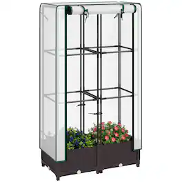 Outsunny - Bed with Trellis, Outdoor Plant Box with PE Cover, Drainage Holes and Zipper Door - Brown