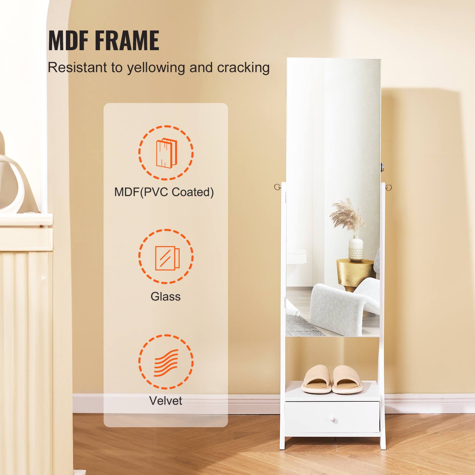 MDF FRAME  
Resistant to yellowing and cracking  

MDF(PVC Coated)  
Glass  
Velvet