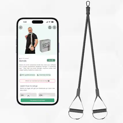 9:41 - Every Rep Counts 4.4 (34 reviews) Bands Buy Bonds
Bands are smart resistance bands that track your workouts and provide personalized feedback through a connected app. They help you build strength, improve cardio, and create healthy habits for a better you.
100+ guided workouts | Total body training
Watch our YouTube tutorials and tips
Learn how to setup
Before you begin, let's get your Bands set up in just a few easy steps!
1/4 2/4
I'm ready to connect