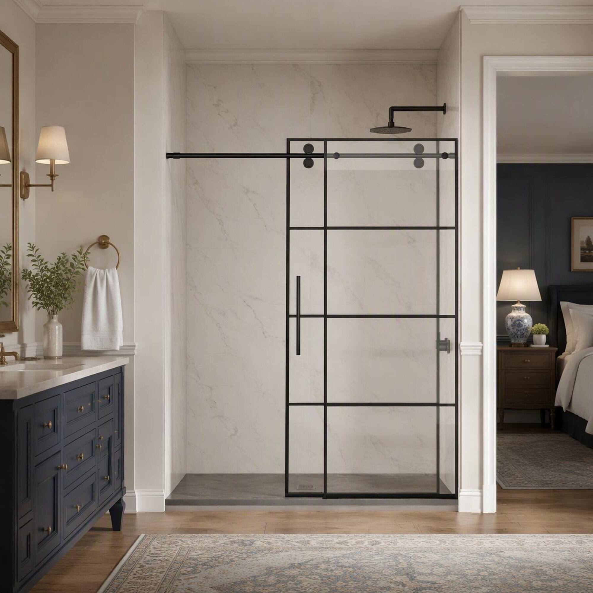 Left. RYHNUYNE - 56-60 In W X 72 In H Frameless Sliding Shower Door, 5/16 In Clear Tempered Glass With Matte Black Handles - Matte Black.