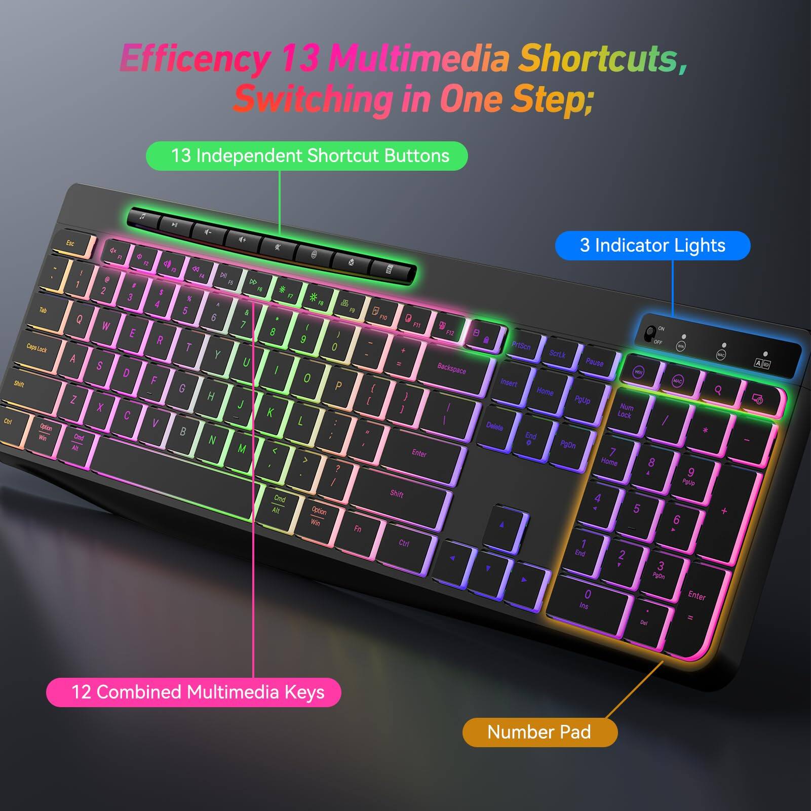 Efficiency 13 Multimedia Shortcuts, Switching in One Step;

13 Independent Shortcut Buttons

3 Indicator Lights

12 Combined Multimedia Keys

Number Pad