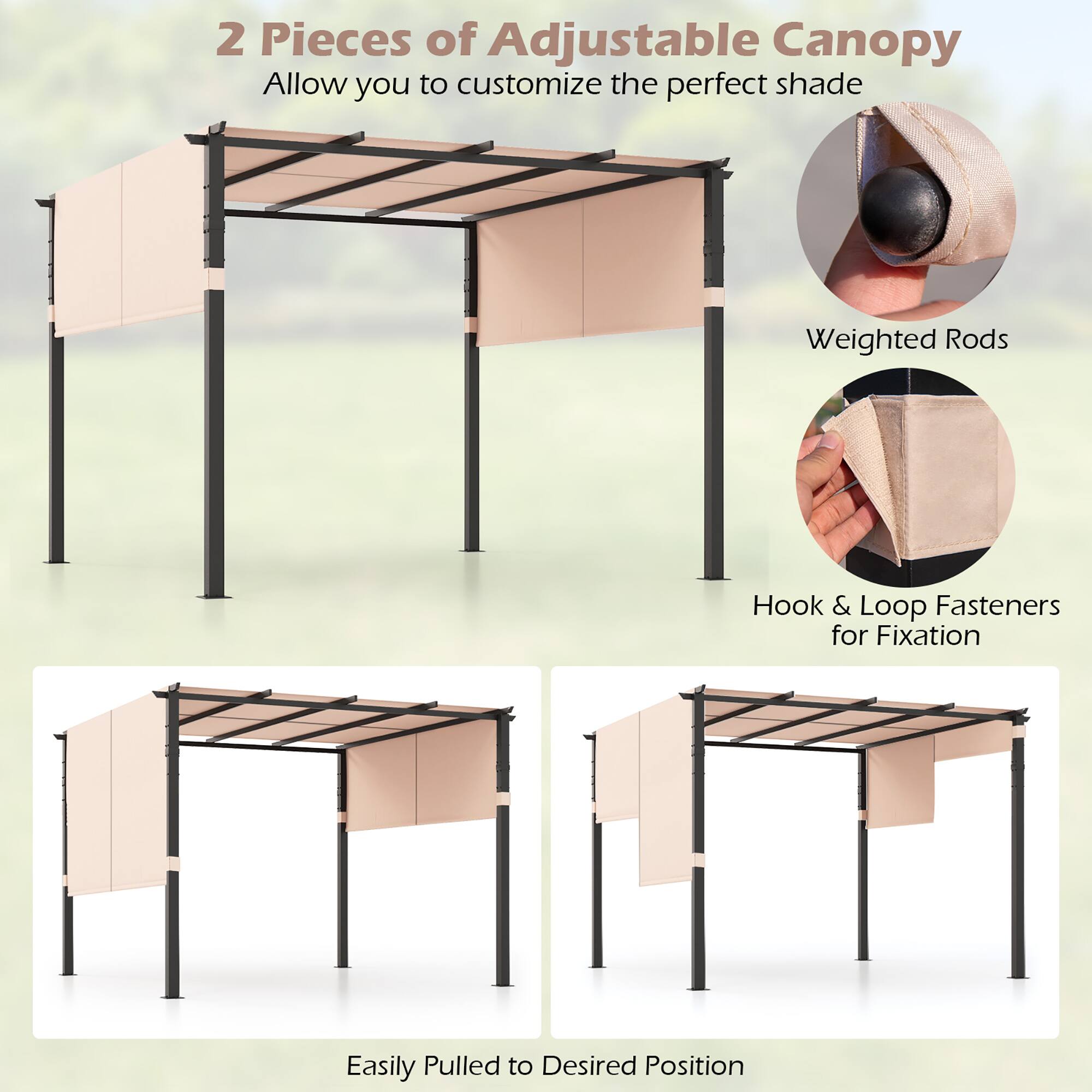2 Pieces of Adjustable Canopy  
Allow you to customize the perfect shade  

Weighted Rods  
Hook & Loop Fasteners for Fixation  
Easily Pulled to Desired Position
