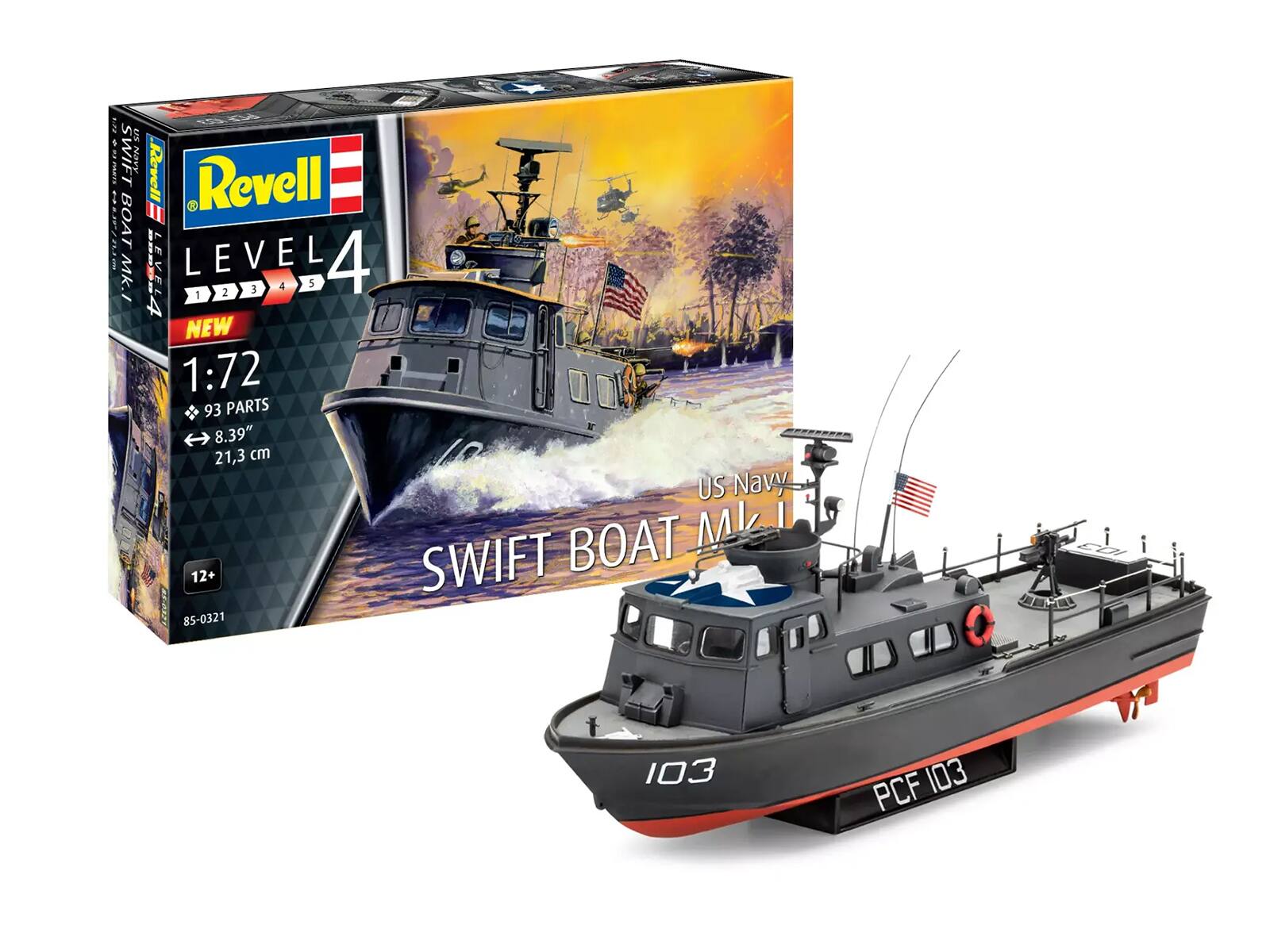 Sure, here is the corrected and grouped text from the image:

---

**Revell**

**LEVEL 4**

**NEW**

**1:72**

**93 PARTS**

**8.39" / 21.3 cm**

**US Navy Mk I SWIFT BOAT**

**12+**

**85-0321**

**PCF 103**

**103**

---

This text is taken from the packaging and the model itself.