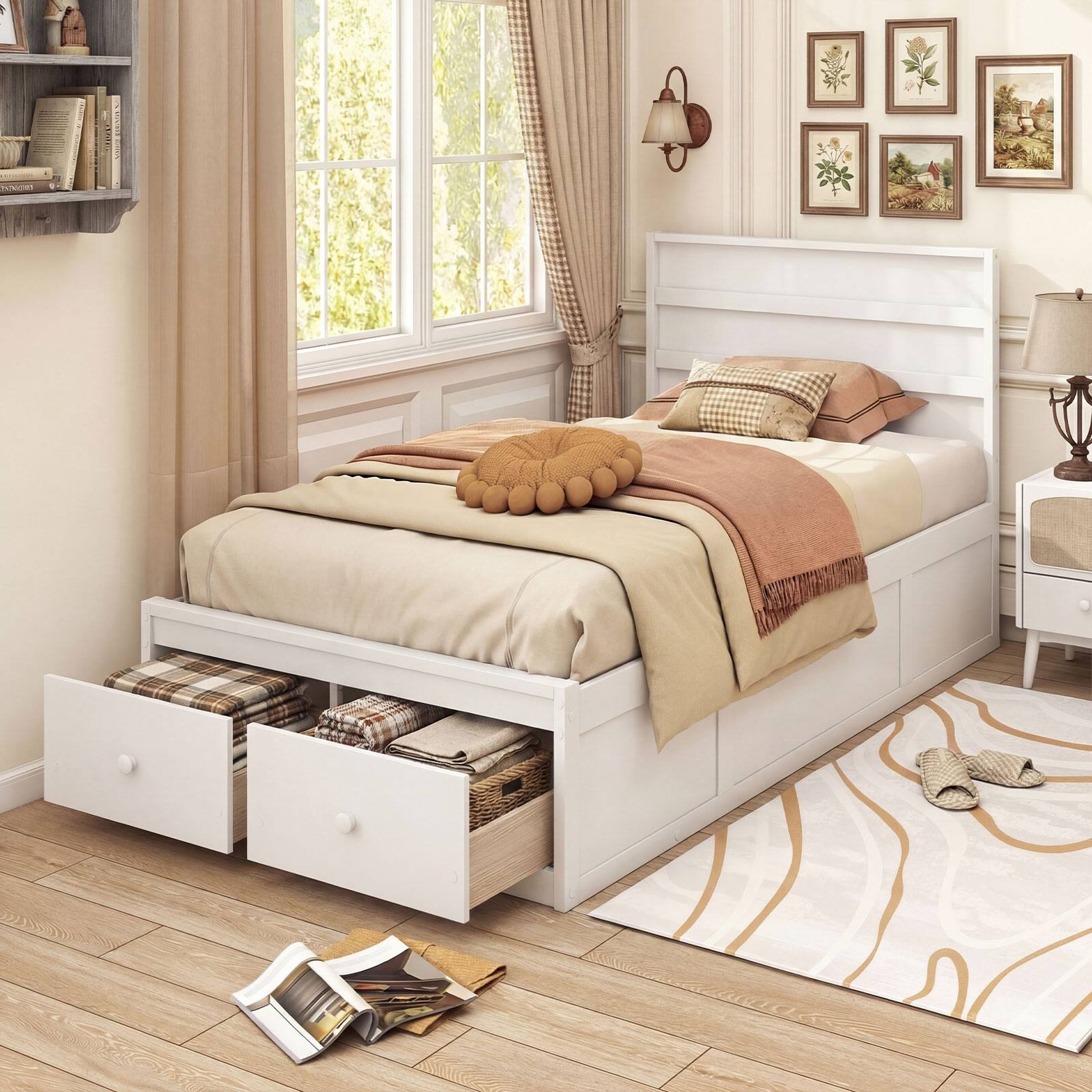 Alt View 3. Gymax - Gymax Full Size Bed Frame w/Storage Drawers Headboard Wooden Slat&Enclosed Base White - White.