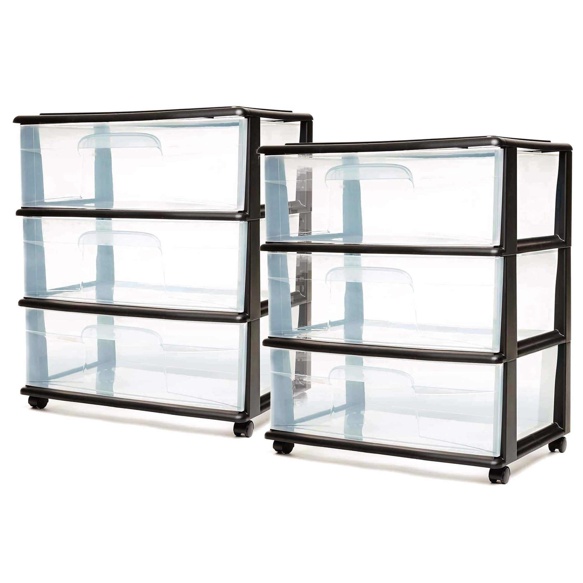 Homz - Tall Solid Plastic 3 Drawer Medium Storage Cart with Wheels, Black (2 Pack) - Clear