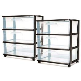 Homz - Tall Solid Plastic 3 Drawer Medium Storage Cart with Wheels, Black (2 Pack) - Clear