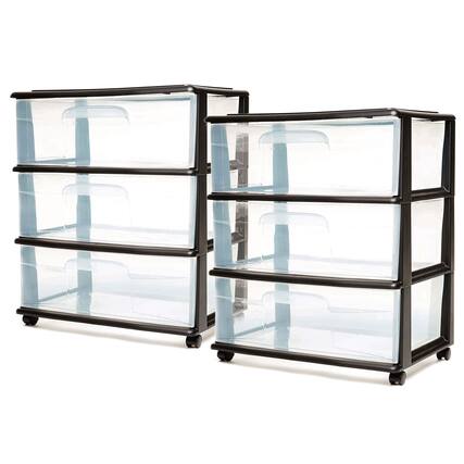 Front. Homz - Homz Tall Solid Plastic 3 Drawer Medium Storage Cart with Wheels, Black (2 Pack) - Clear.