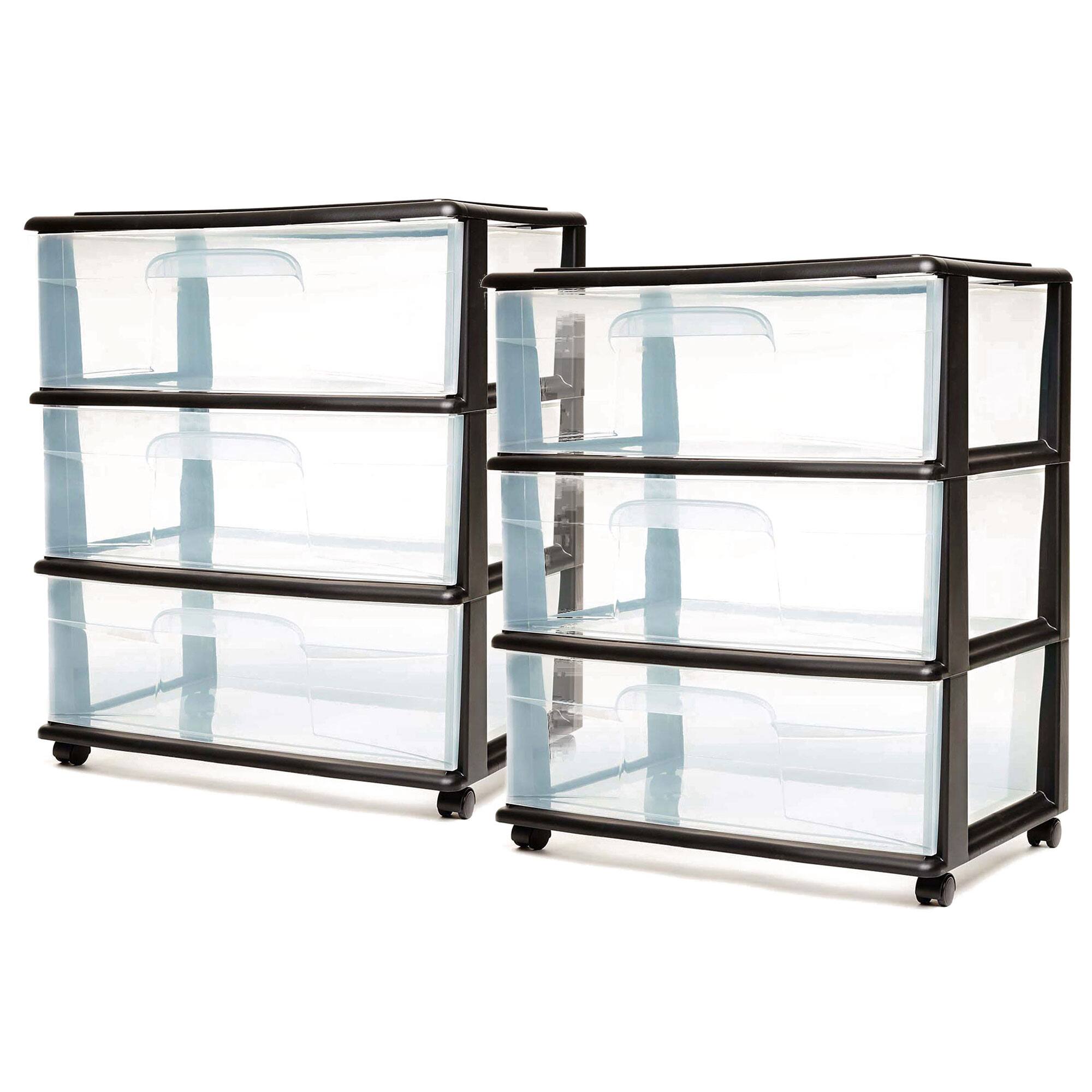 Front. Homz - Homz Tall Solid Plastic 3 Drawer Medium Storage Cart with Wheels, Black (2 Pack) - Clear.