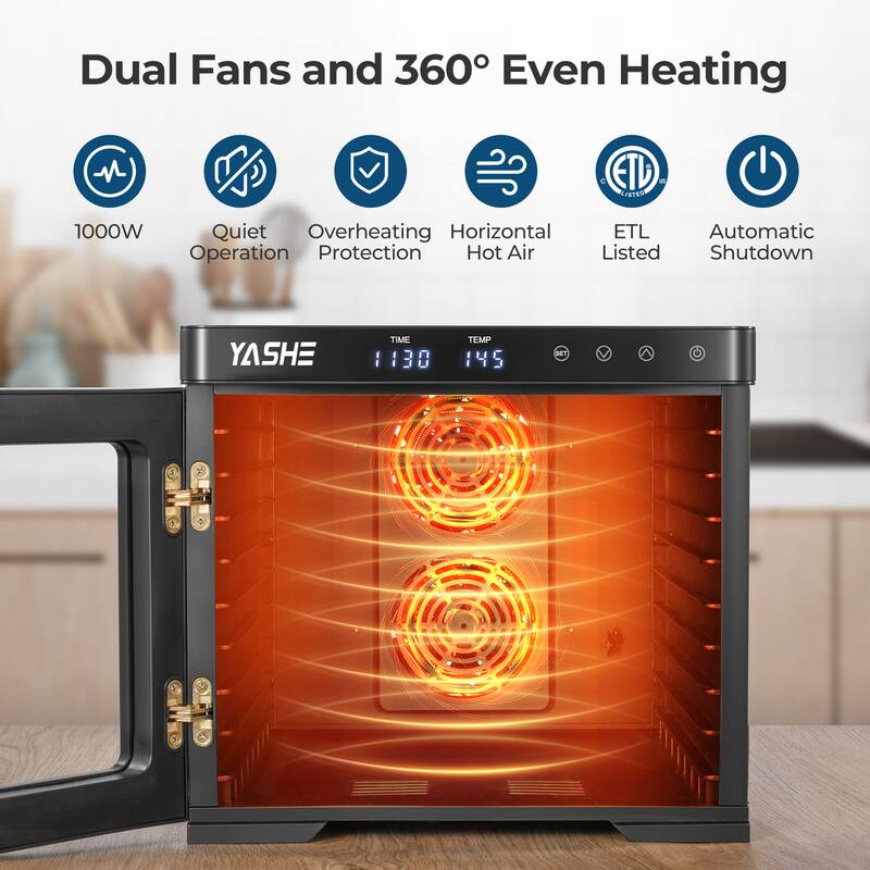 Dual Fans and 360° Even Heating

- 1000W
- Quiet Operation
- Overheating Protection
- Horizontal Hot Air
- ETL Listed
- Automatic Shutdown

YASHE

TIME: 1:30
TEMP: 145