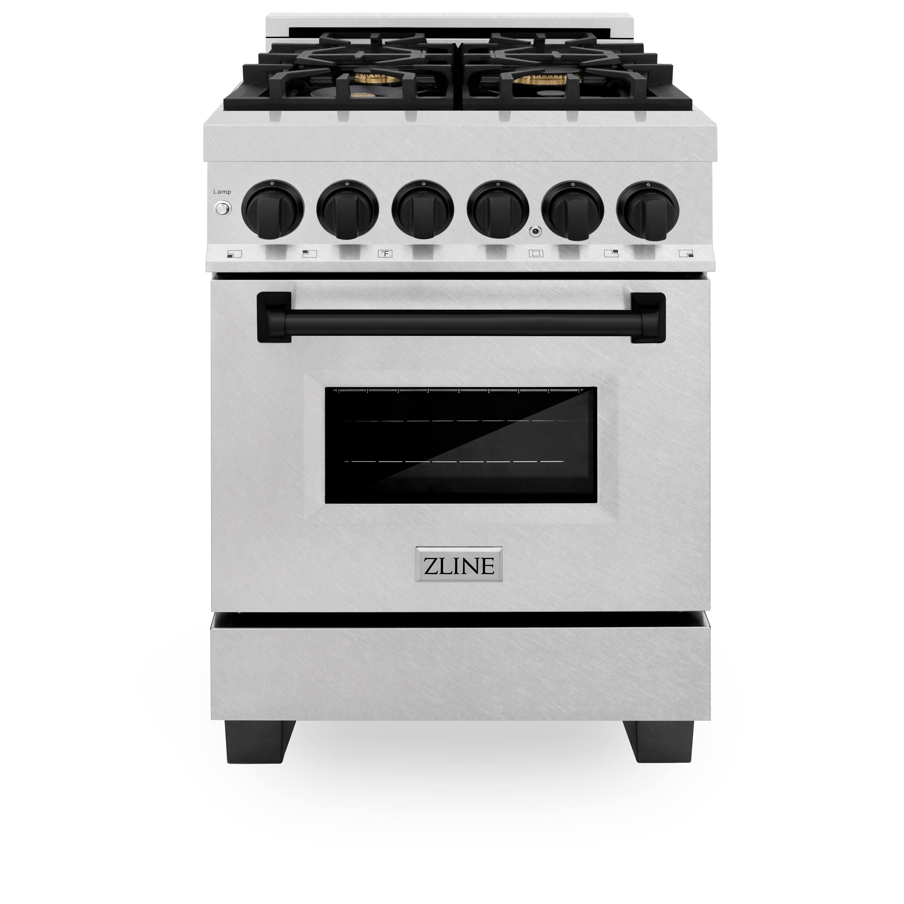 Front. ZLINE - ZLINE Autograph 24 in. Legacy Dual Fuel Range in Satin Steel & Black Accents (RASZ-SN-24-MB) - Satin Stainless Steel.