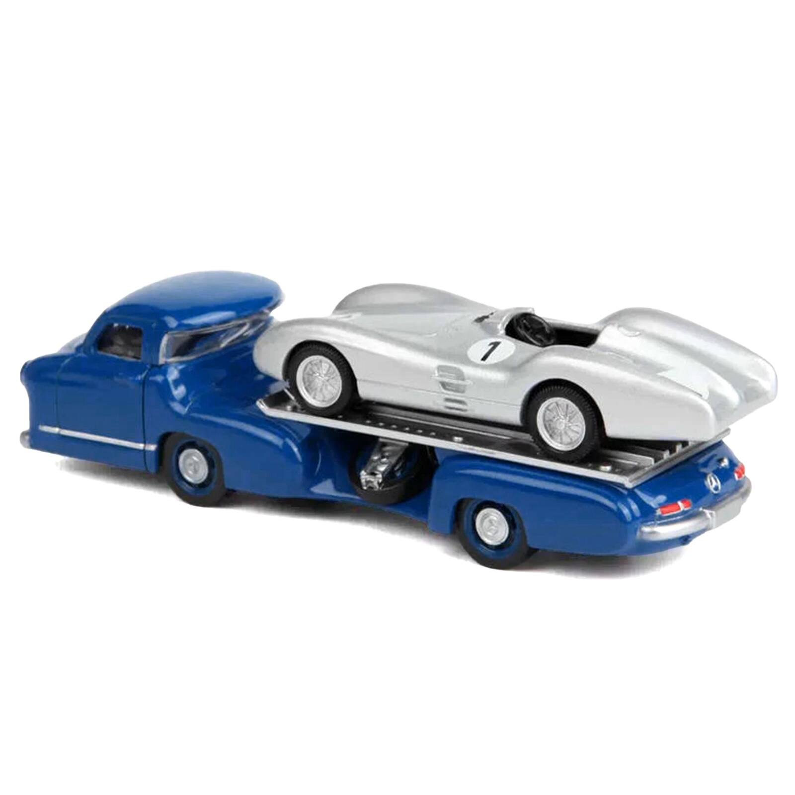 Alt View 2. Norev - Mercedes-Benz Renntransporter Flatbed Truck Blue & 1954 Mercedes-Benz W196 #1 Silver Met. 1/64 Diecast Models by Norev.