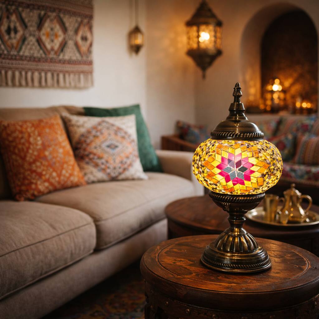 FC Design - 11"H Bronze Base Elegant Globe Yellow–Red Flowery Mosaic Turkish Lamp