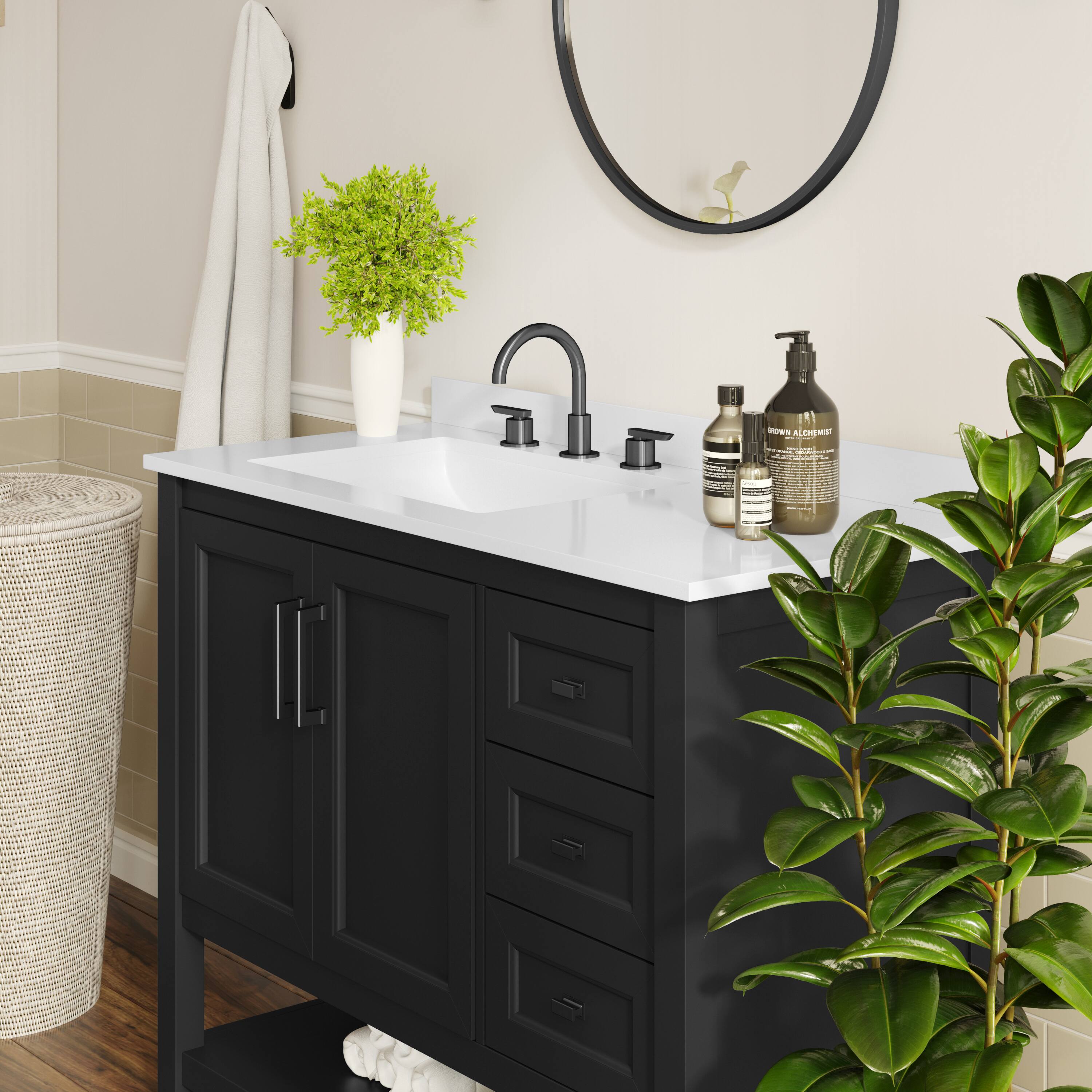 Alt View 3. Flash Furniture - Vega 36" Bathroom Vanity with Sink, Cabinet with Black Hardware, Soft Close Doors, Open Shelf & 3 Drawers, Carrara Marbl - Black.