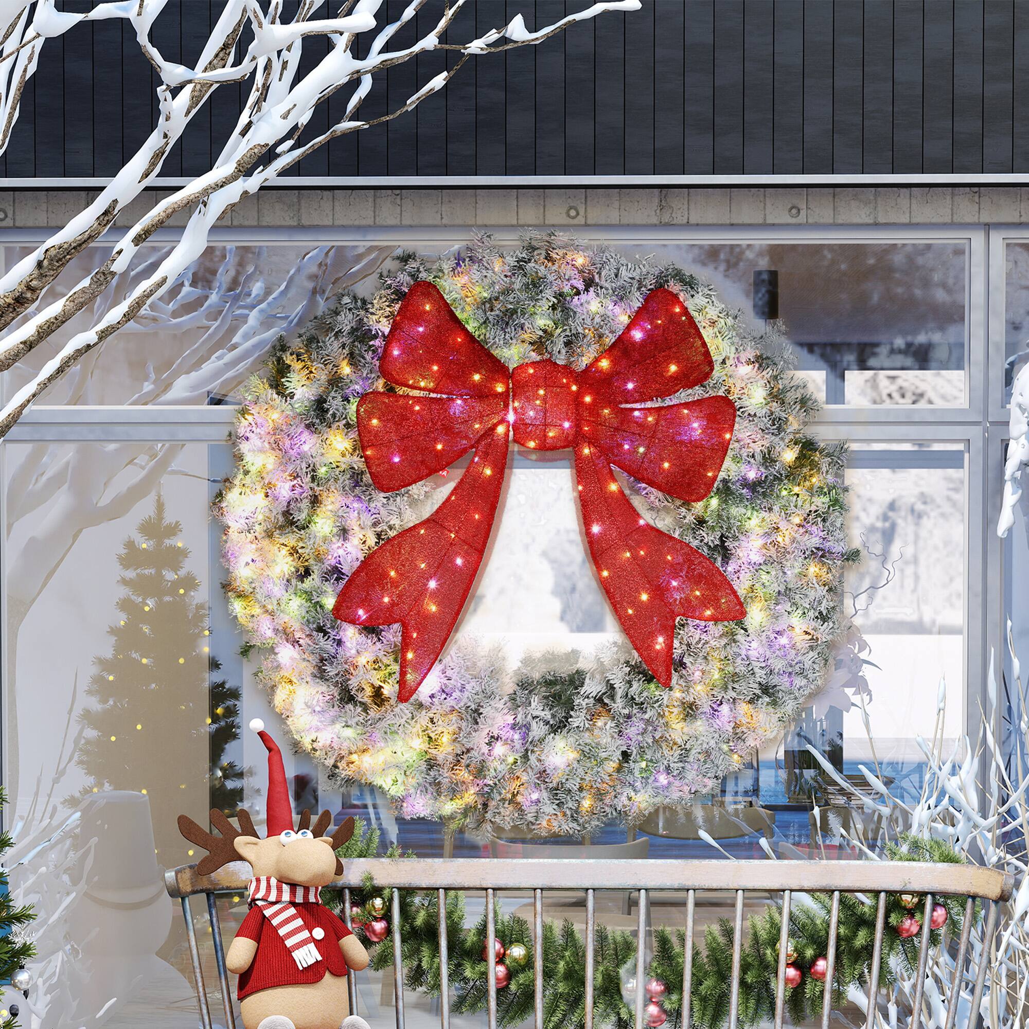 Alt View 8. Homcom - 60in Pre-Lit Flocked Xmas Wreath, 3D Red Bow, 300 LEDs, 11 Modes, Remote, 996 Tips, Indoor Outdoor - Green.