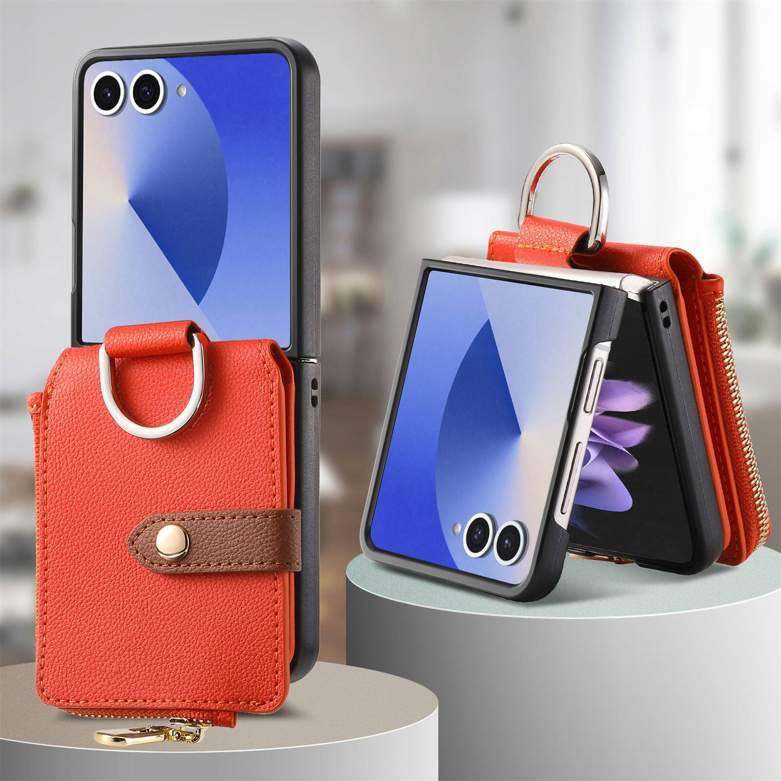 Alt View 5. Dteck - Flip Wallet Case for Samsung Galaxy Z Flip7,Built-in Metal Finger Ring,Shockproof Zipper Pocket PU Leather Cover - Orange.