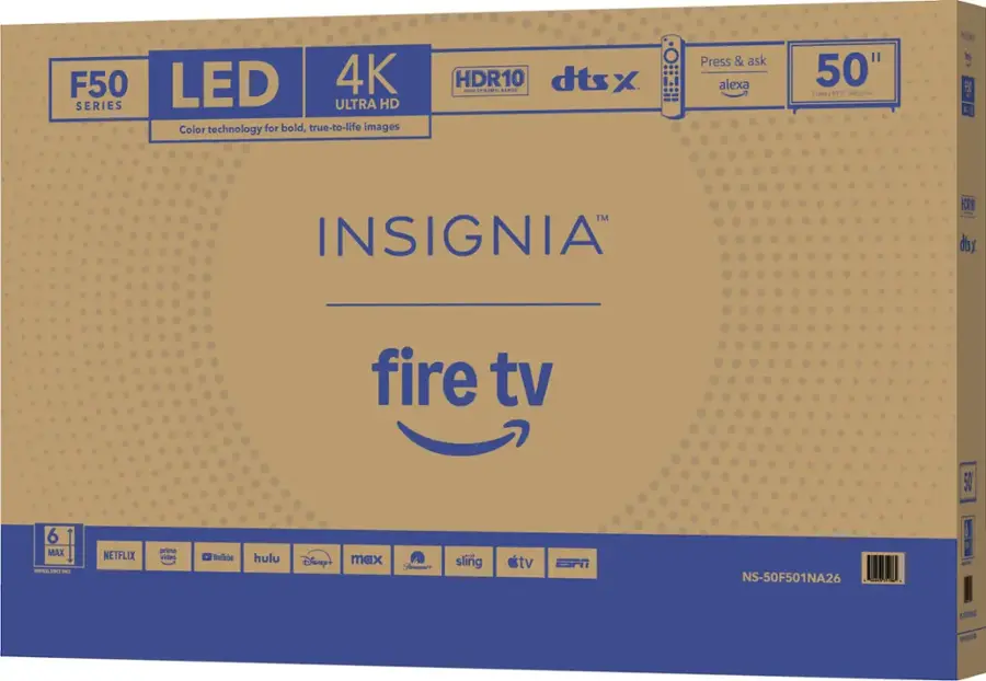 The text on the image is already grouped and correctly written. It reads:

"F50 LED 4K SERIES ULTRA HD Color technology for bold, true-to-life images HDR10 ANR . dts X Press & ask alexa 50" Class 49.5 diagonal INSIGNIA F - I ! TM INSIGNIA HOR - dsx fire tv 50 6 MAX - -  NETFLIX prime video YouTube hulu Disney+ max Summe+ sling tv ESPN NS-50F501NA26 OT I I  - 6% ZUE A."