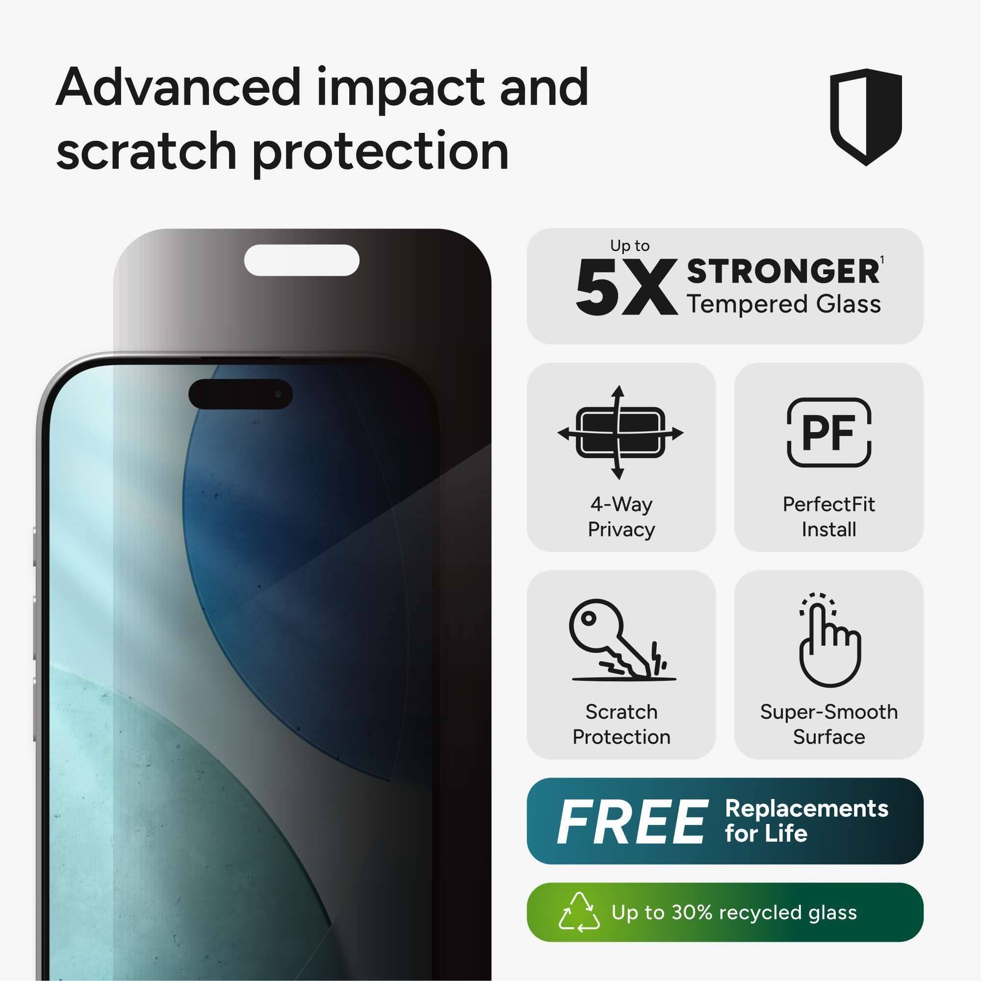 Advanced impact and scratch protection

Up to 5X STRONGER Tempered Glass

4-Way Privacy

PerfectFit Install

Scratch Protection

Super-Smooth Surface

FREE Replacements for Life

Up to 30% recycled glass
