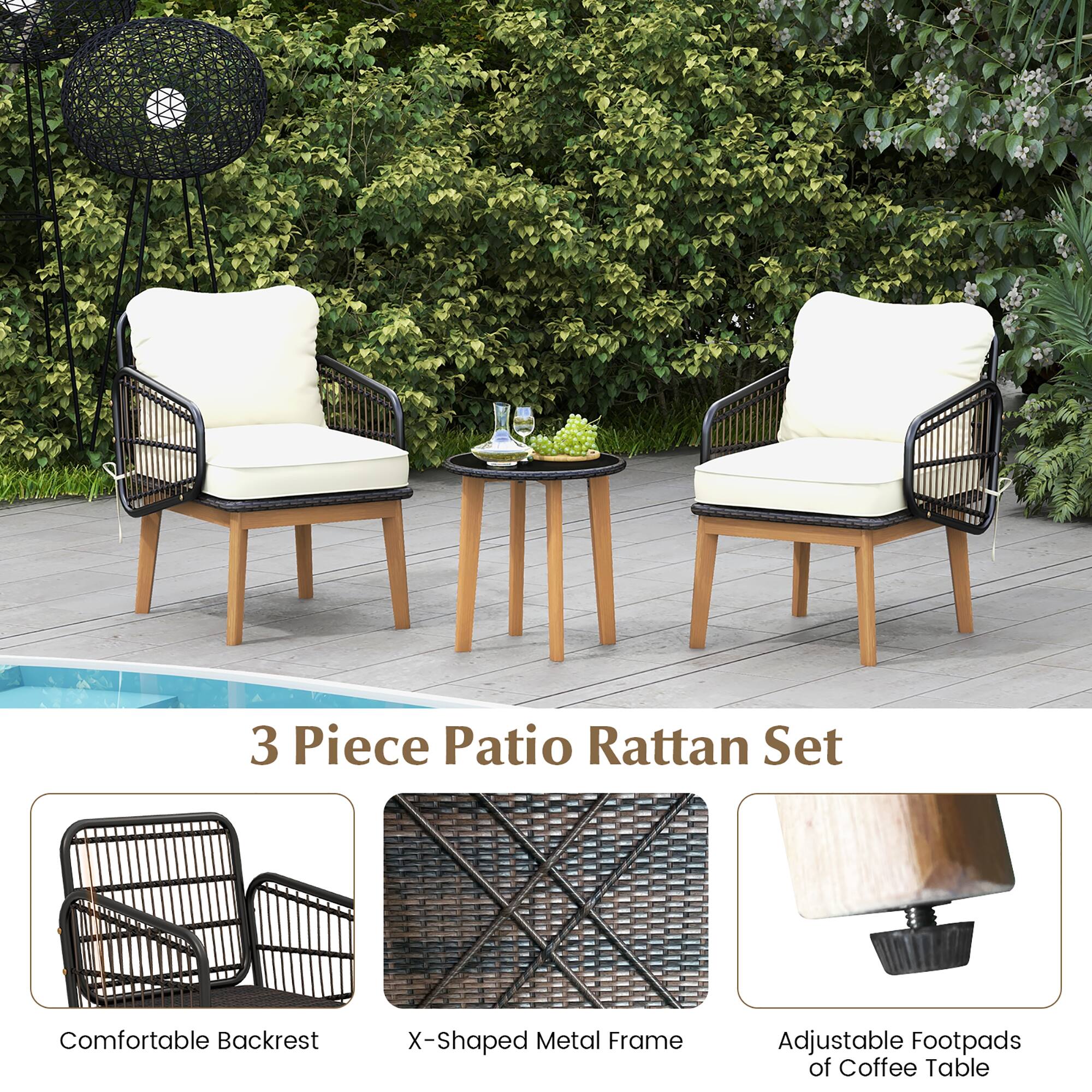 3 Piece Patio Rattan Set

Comfortable Backrest
X-Shaped Metal Frame
Adjustable Footpads of Coffee Table