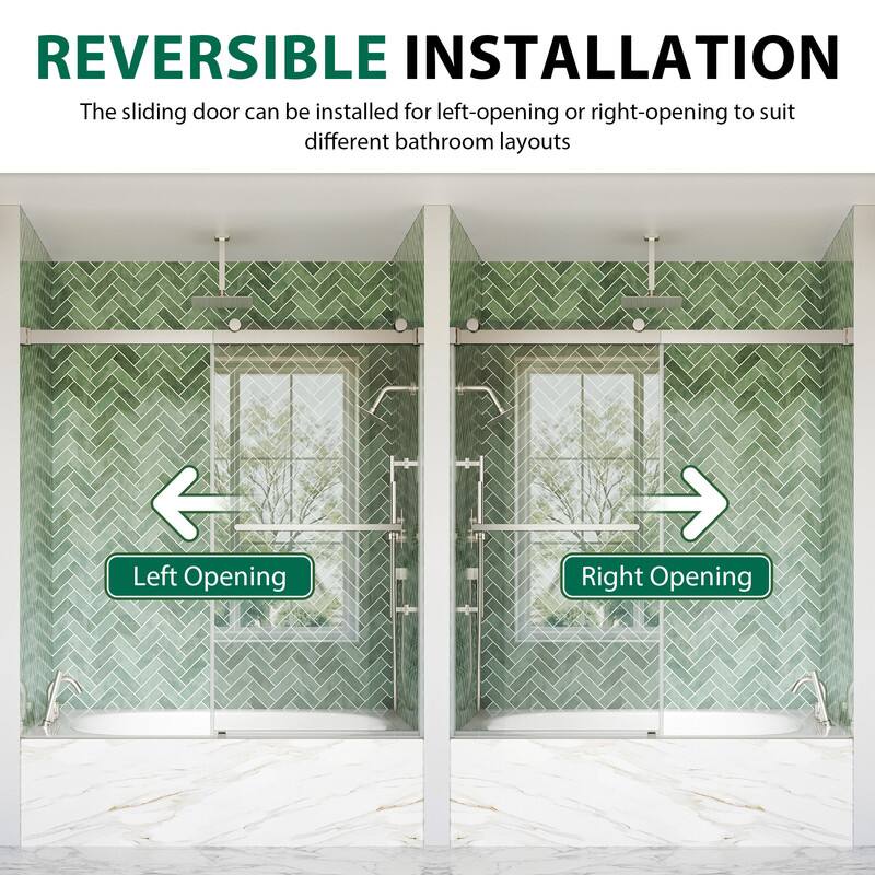 REVERSIBLE INSTALLATION  
The sliding door can be installed for left-opening or right-opening to suit different bathroom layouts  

Left Opening  
Right Opening