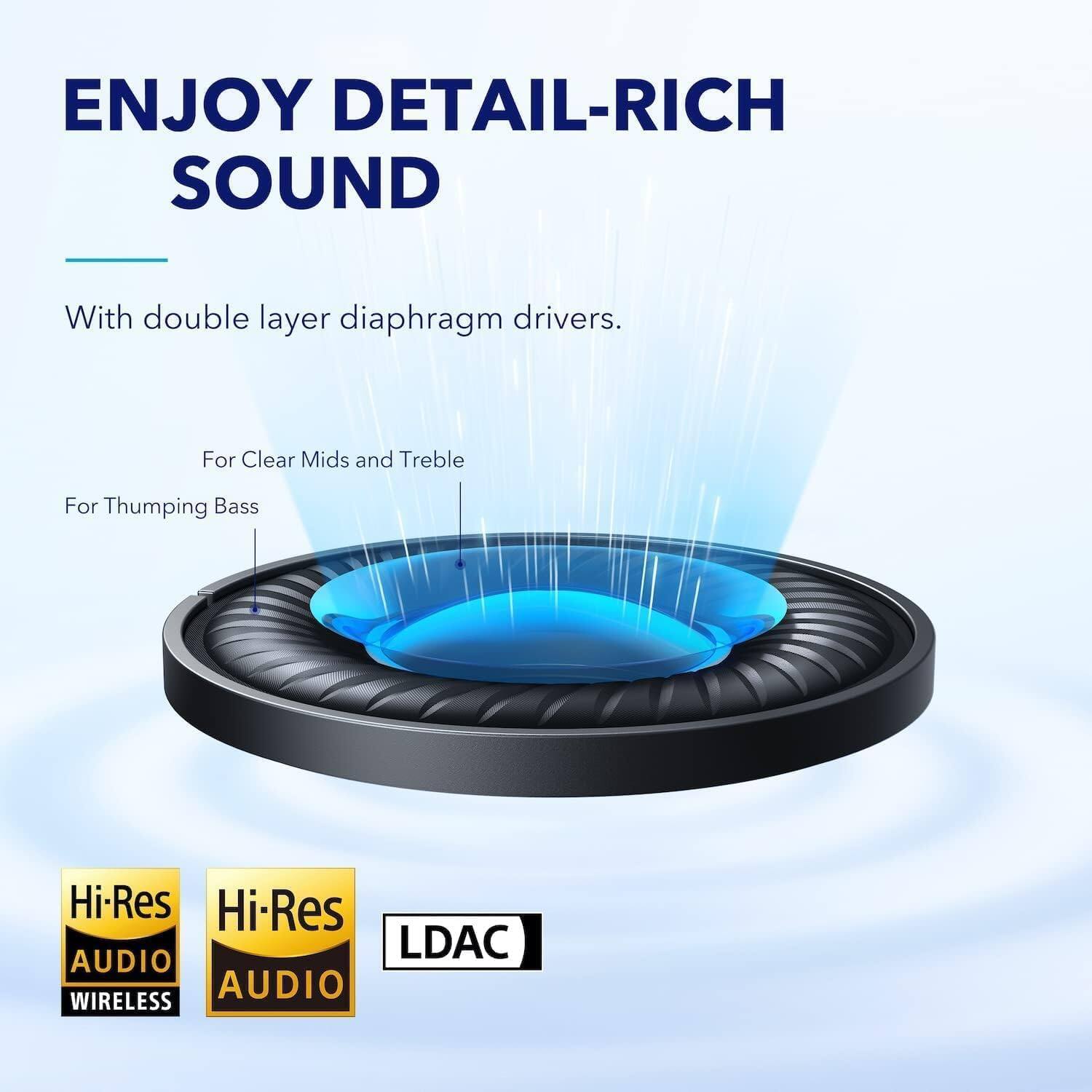 ENJOY DETAIL-RICH SOUND

With double layer diaphragm drivers.

For Thumping Bass

For Clear Mids and Treble

Hi-Res AUDIO WIRELESS

Hi-Res AUDIO

LDAC